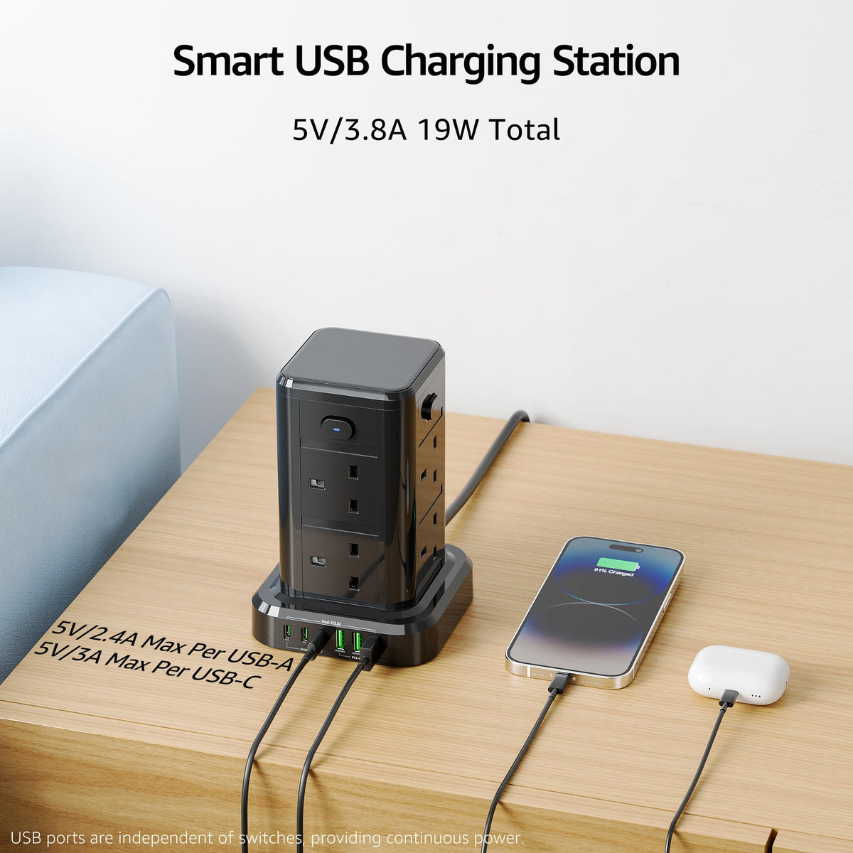 6M Tower Extension Cord with 6 USB Slots, Toomke 8 Way Extension Sockets with 3 USB A and 3 USB C, Tower Plug Extension with 4 Independent Switches 13A 3250W