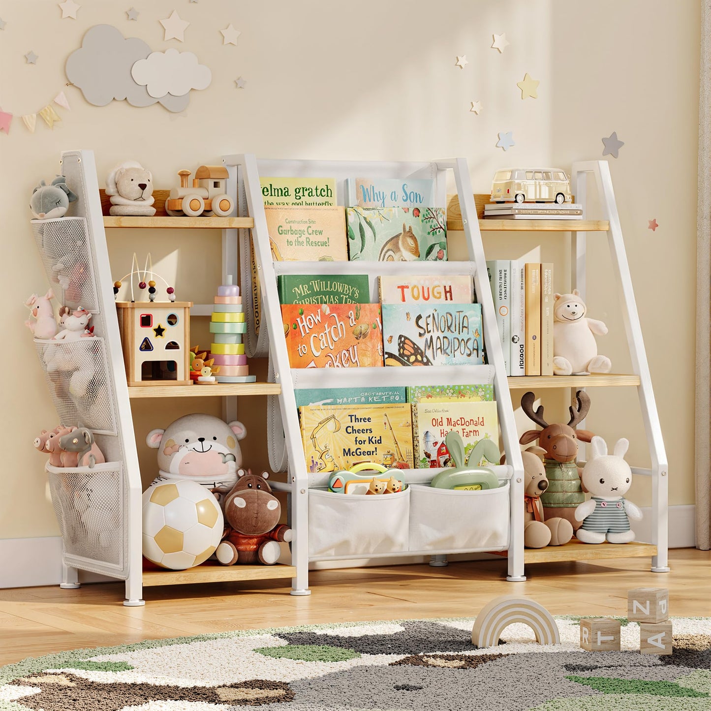 GoTiling Kids Bookshelf and Toy Storage Organizer: 3-Tier Sling Book Shelf with 3 Side Pockets for Kids Room - Toy Storage Organizer with 2 Fabric Drawers for Nursery, Bedroom, Playroom