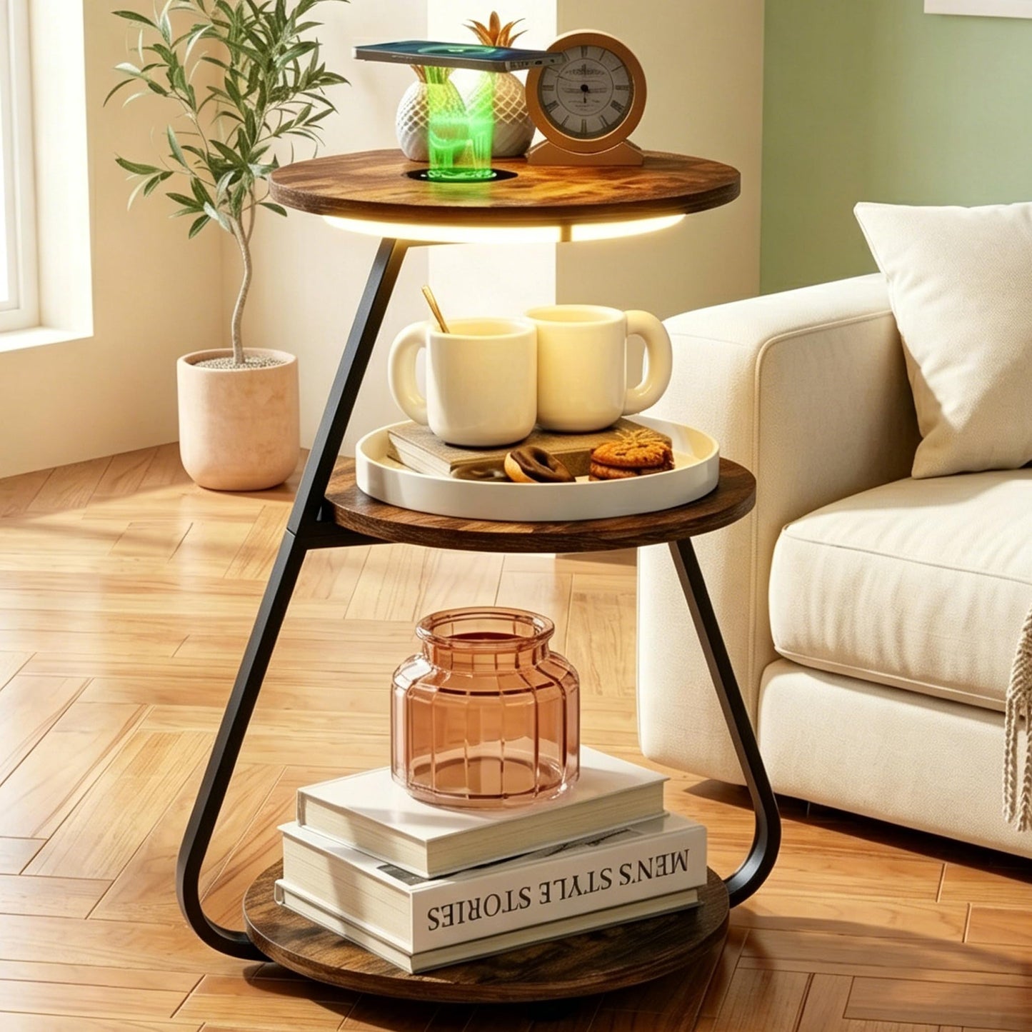 ARTETHYS Side Table, Small Round Coffee Table with 3 Color LED Lights, End Table with 3 Tier Storage Shelves, Bedside Sofa Side Tables for Living Room Bedroom, Rustic Brown