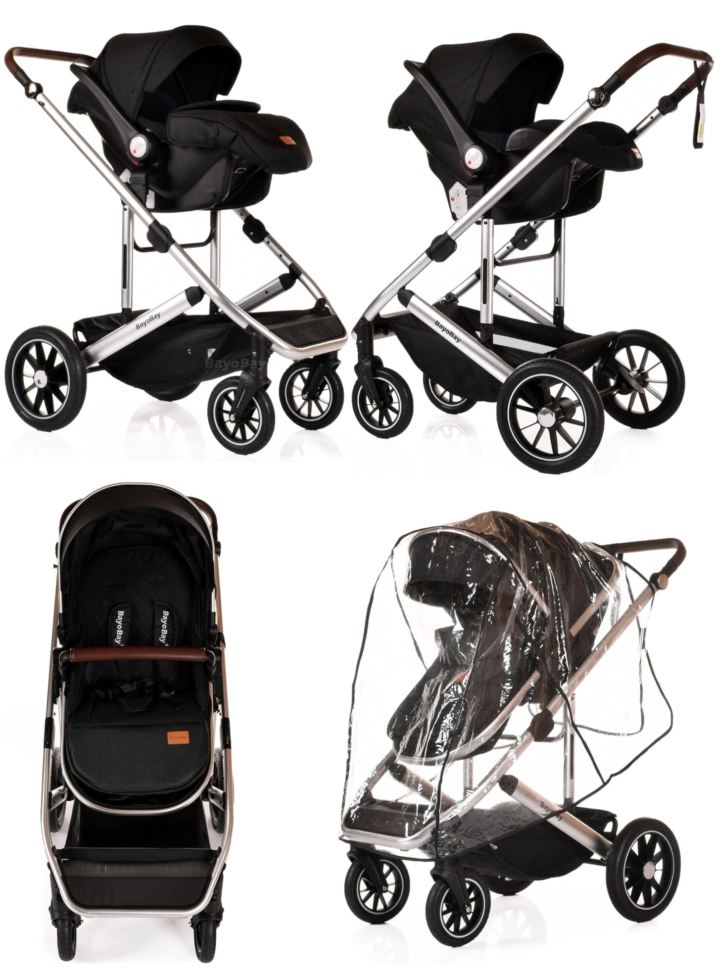 3 in 1 Baby Pram Travel System with Car Seat Lightweight Buggy Foldable Pushchair for Newborn and Toddlers up to 22kg NEW 2025 Style (Black - Gold)