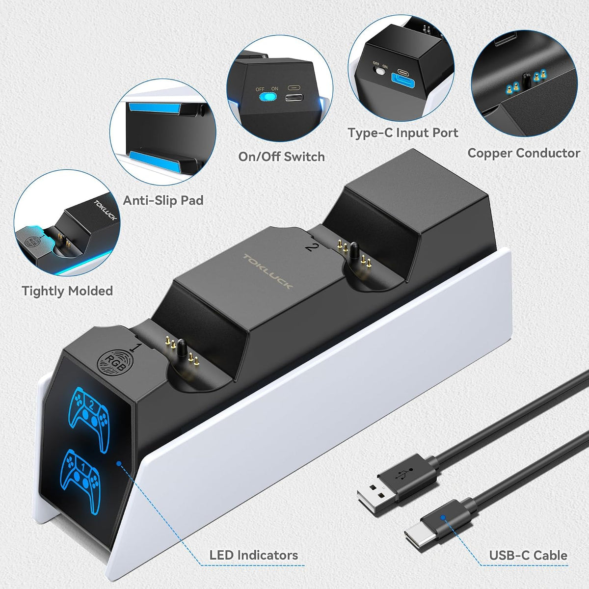 Tokluck Controller Charger Station Compatible with PS5 DualSense & Edge, RGB Charging Stand for PS5 Dual Controller Gaming, Games Charging Dock with LED Lights & Cable for PlayStation 5 Accessories