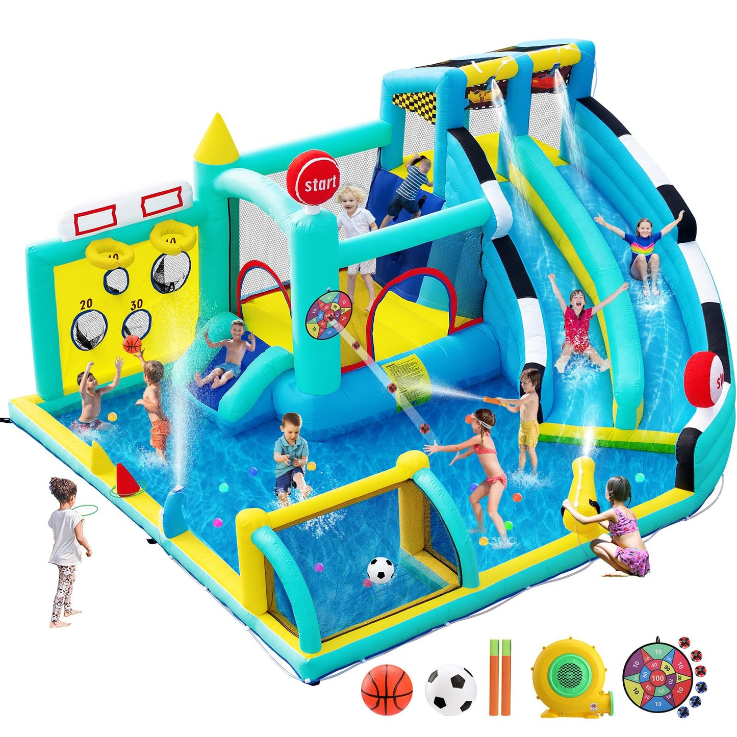 Inflatable Bouncy Castle with Slide Trampoline and Ball Pit, Bounce House Indoor Outdoor with Air Blower for Toddler Garden Park Backyard Party Wedding Birthday Gift, 470 x 400 x 220 cm