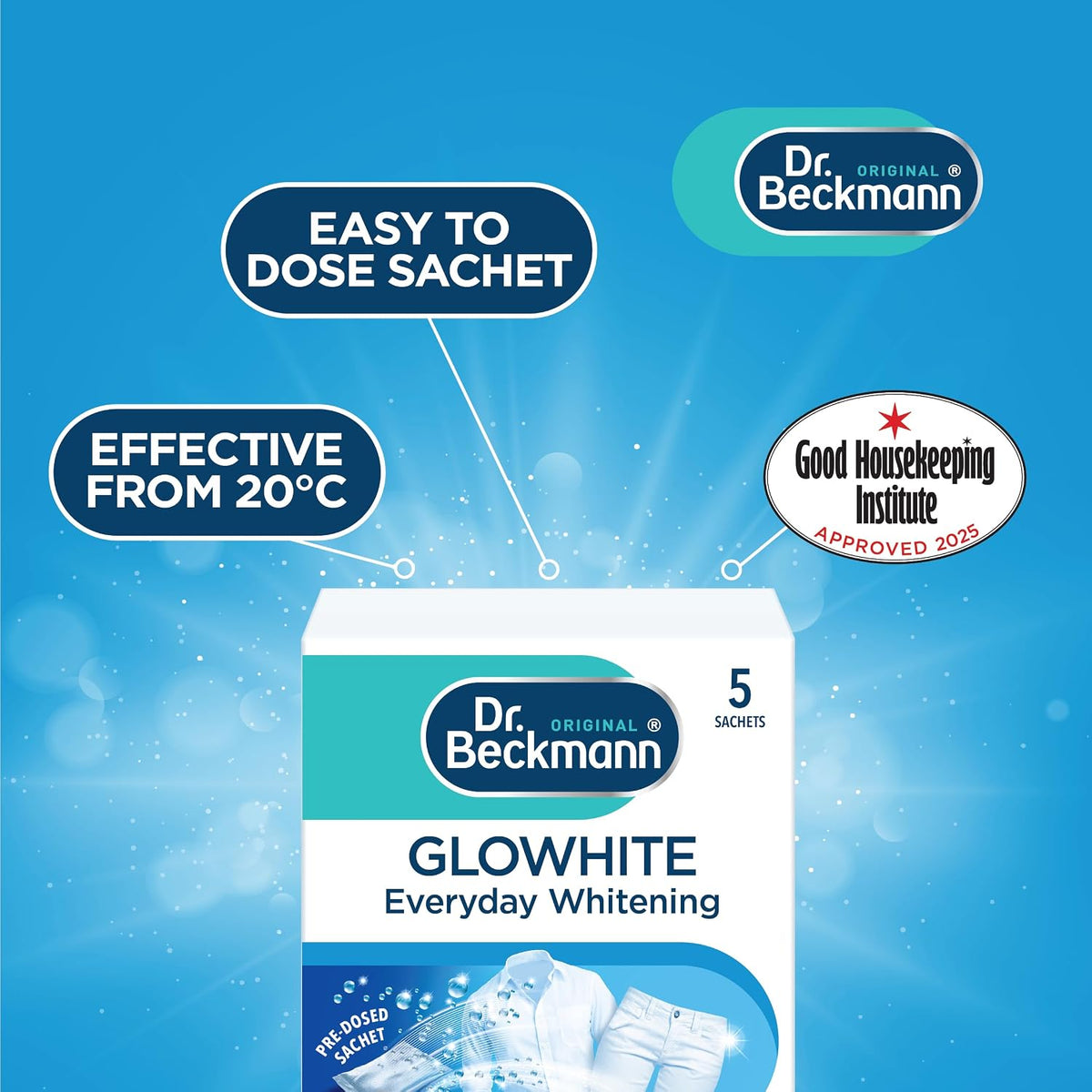 Dr. Beckmann Glowhite, In-Wash Sachets, Brighter White Laundry, 5 x 40g