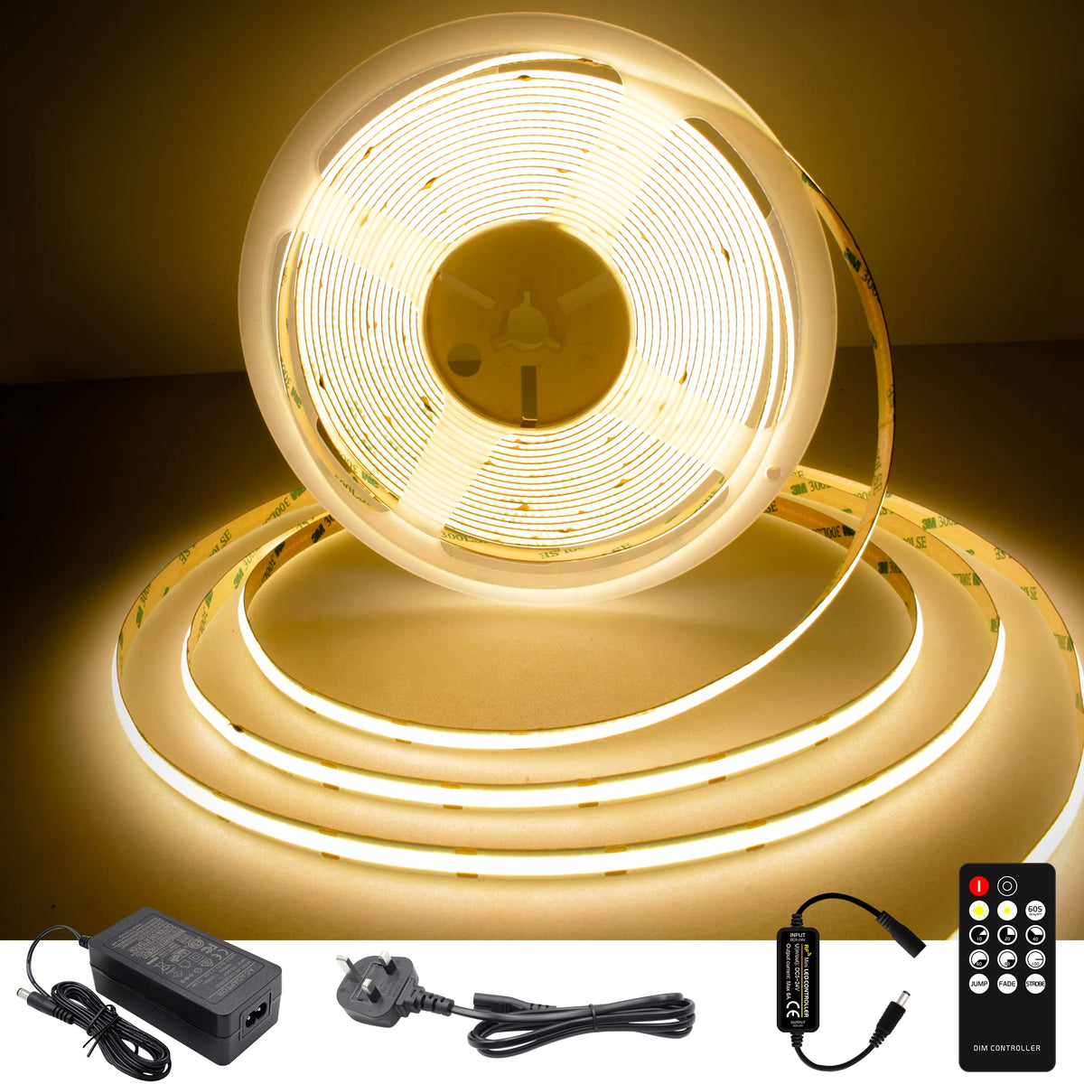 TTWAY COB LED Strip Lights 2700K, Dimmable LED Strip Kit, Super Bright 24V LED Tape Lights CRI90+ with RF Remote and UKCA Power Supply for DIY Home Decoration, 5M, 2400LEDs, Warm White.