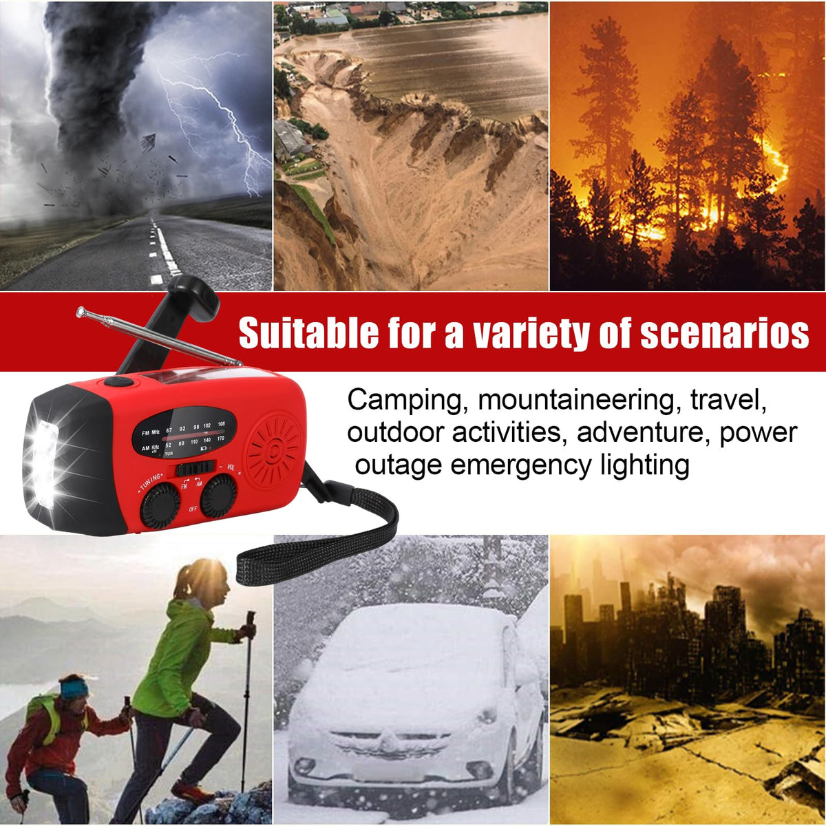 2000mAh Wind Up Solar Hand Crank Emergency Radio | AM/FM Weather Band Radio with LED Torch, SOS Alert & USB Phone Charger for Outdoor Camping Hiking (Black)