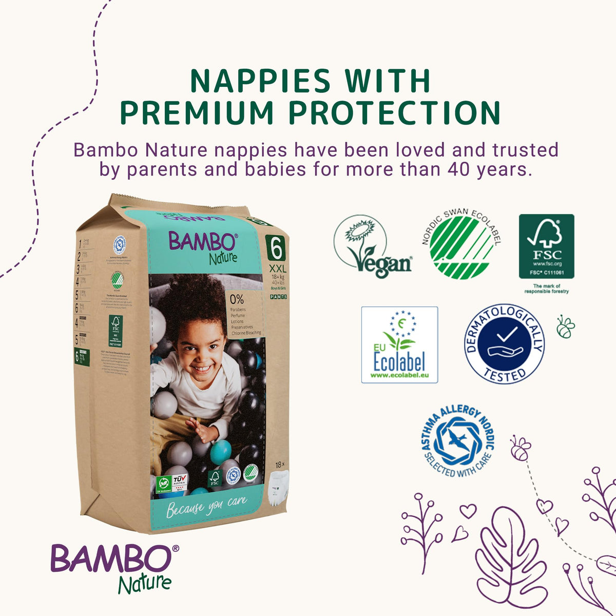 Bambo Nature Premium Eco Nappies, Premature Size 0 (2-7lb/1-3kg), XXS, Pack of 24, Eco-Labelled Nappies, Enhanced Leakage Protection, Secure and Comfortable Baby Nappy