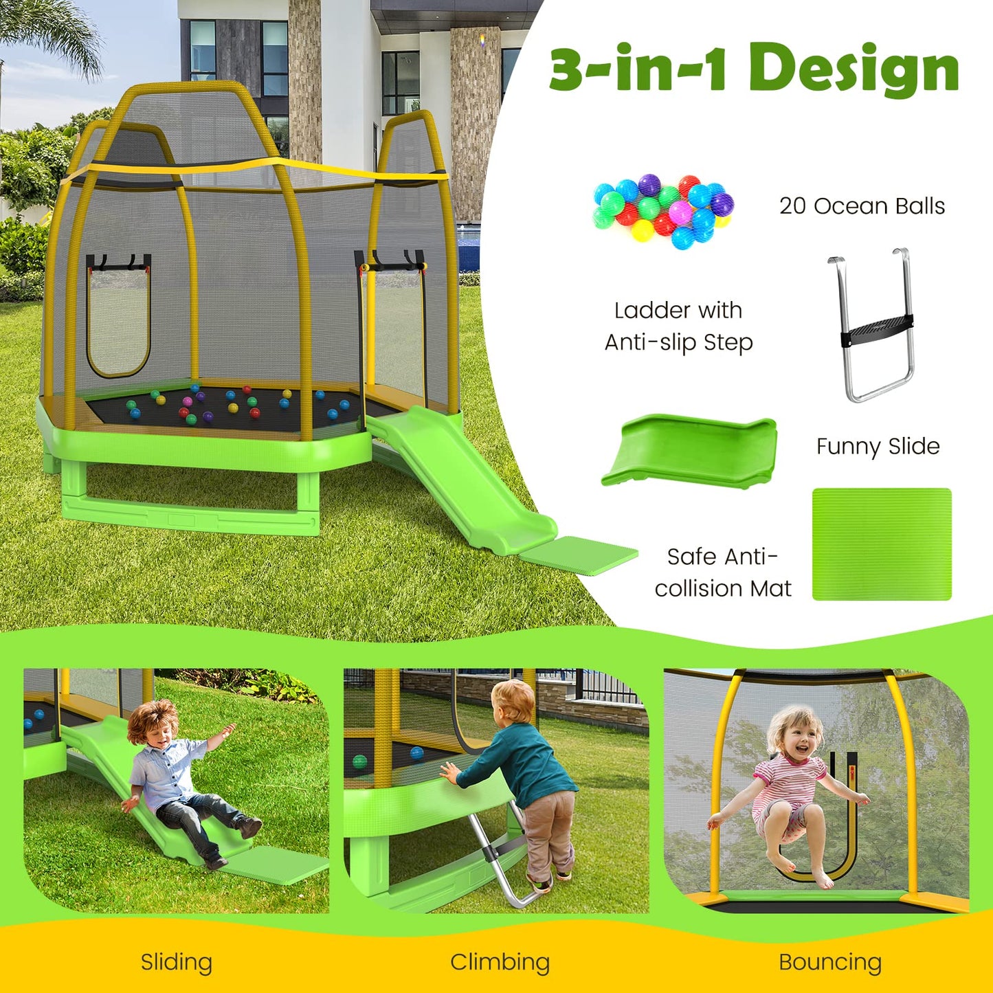 COSTWAY 7ft Kids Trampoline, Hexagonal Trampolines with Slide, Ladder, Safety Enclosure Net and Ocean Balls, Toddler Jumping House for Indoor Outdoor