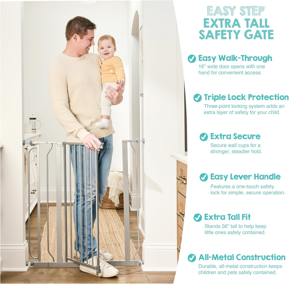 Regalo Safety 91.4cm Extra Tall Baby Gate for Doorways & Bottom of Stairs, Fits Openings 73.6-90cm (Extension Included), Pressure Mounted for Babies, Toddlers & Pets