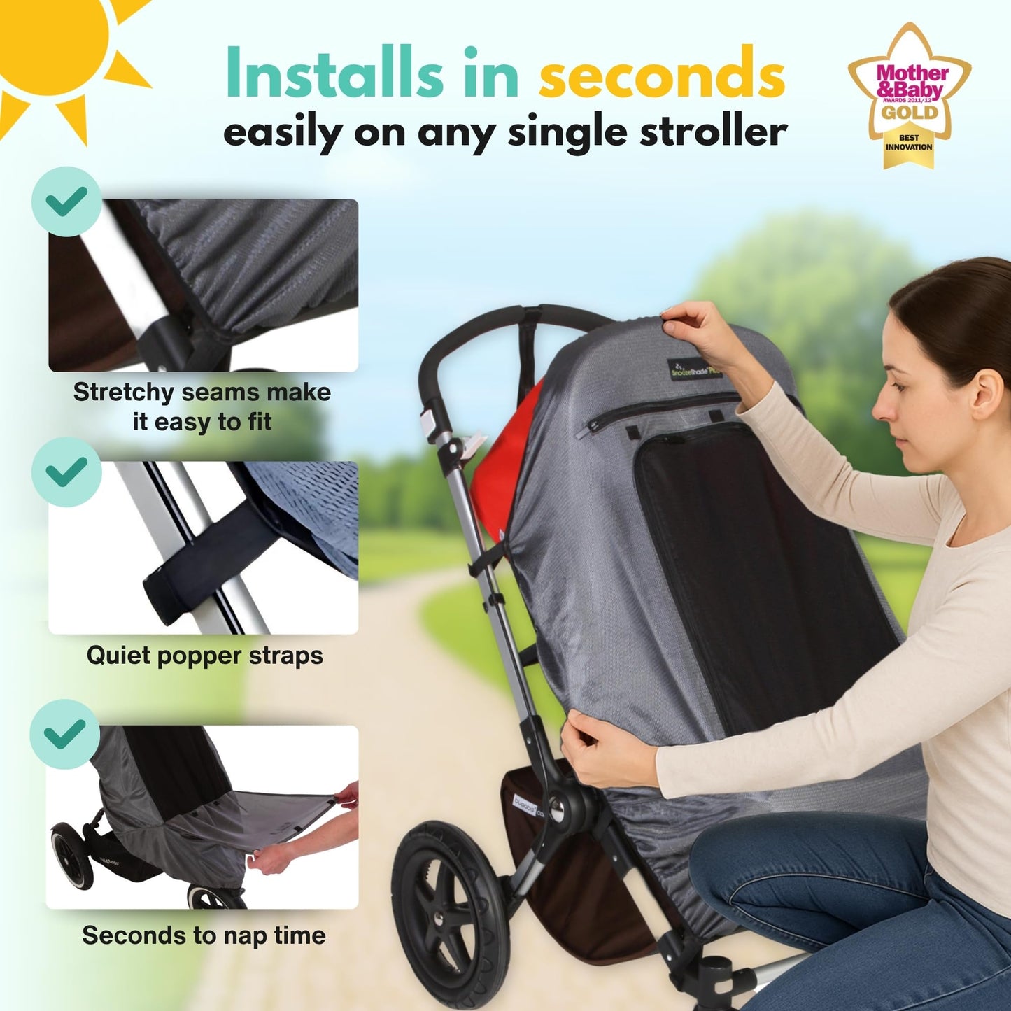 SnoozeShade Plus Extra Pram and Stroller Sun Shade Cover Blocks 99% UV UPF50+ Baby Sleep Aid and Breathable Blackout Canopy for Pushchairs Buggies and Travel Strollers