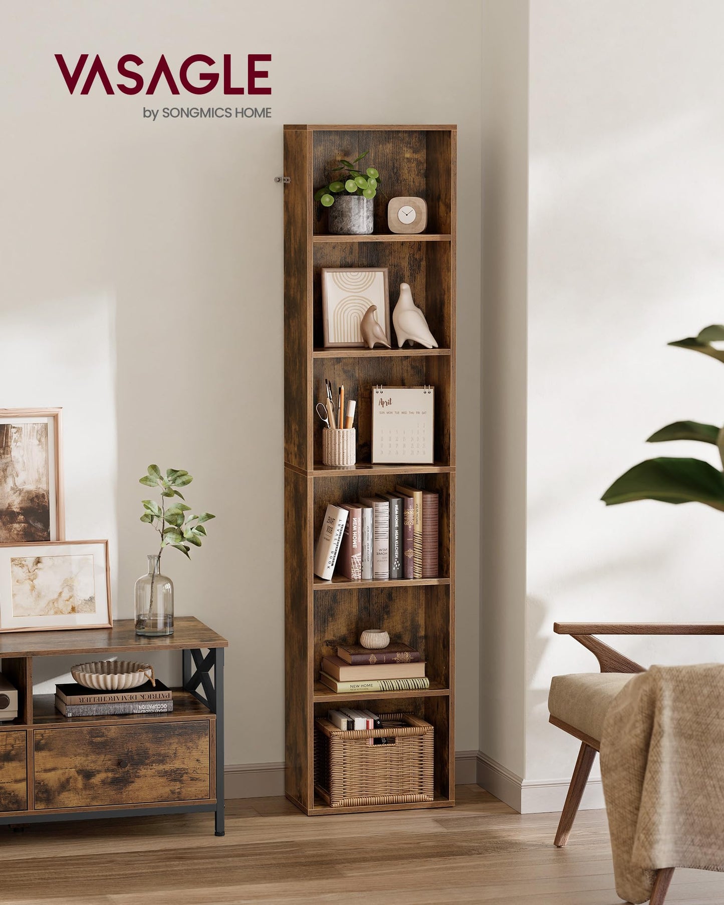 VASAGLE Bookcase, 6-Tier Bookshelf, Open Storage Shelf, Shelving Unit, 24 x 60 x 178.5 cm, for Living Room, Home Office, Dinning Room, Cloud White LBC169T14