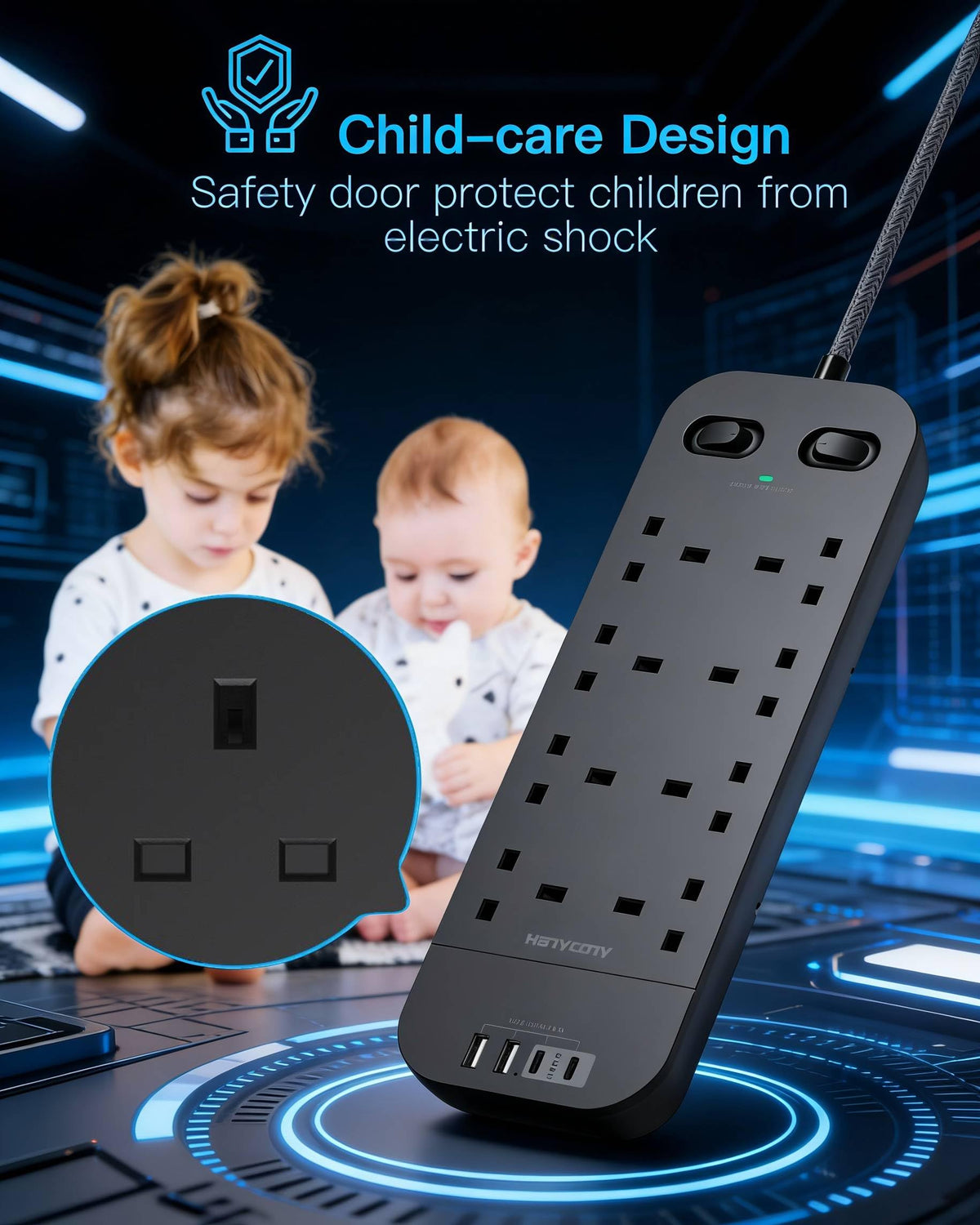 Extension Lead with 2 USB C Slots, 8 Way Power Strip Surge Protector