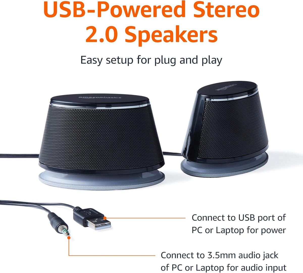 Amazon Basics Stereo 2.0 Computer Speakers for Desktop PC or Laptop, 3.5mm Aux input, USB-Powered, 1 Pair, Black