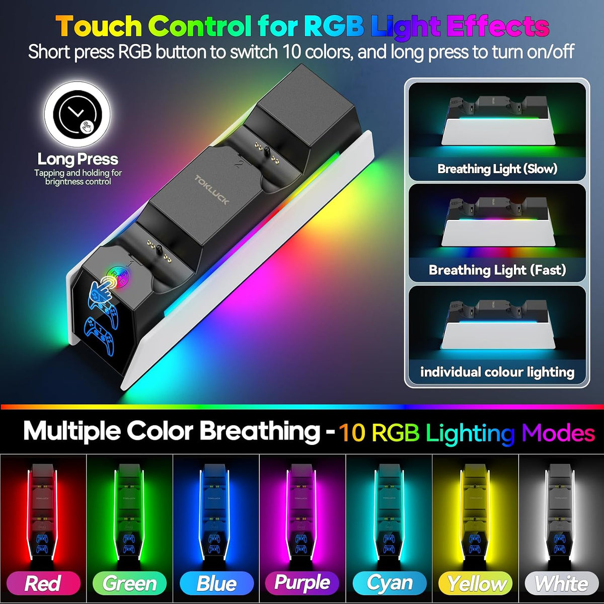 Tokluck Controller Charger Station Compatible with PS5 DualSense & Edge, RGB Charging Stand for PS5 Dual Controller Gaming, Games Charging Dock with LED Lights & Cable for PlayStation 5 Accessories