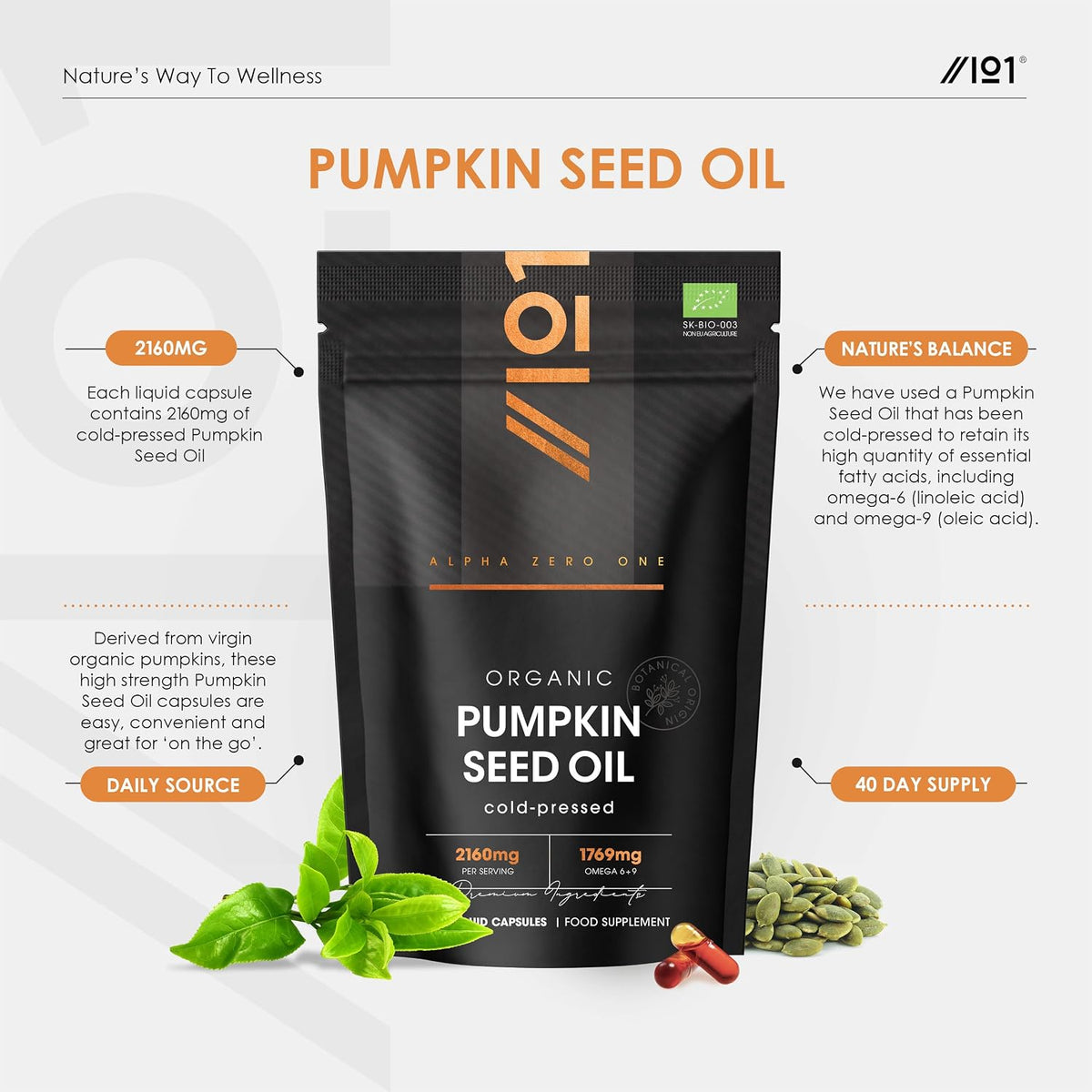 Organic Pumpkin Seed Oil 2160mg – 80% Linoleic & Oleic Acid – 120 Vegan Capsules – 1769mg Omega 6 & 9 – Virgin & Cold Pressed – By Alpha01