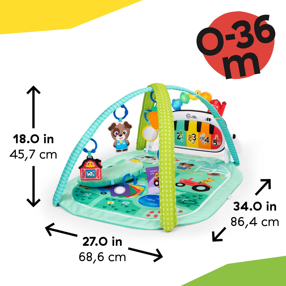 Baby Einstein 4-in-1 Kickin Tunes Play Gym, Tummy Time Baby Play Mat with Kick Piano, Music & Language Discovery, Sensory Toys, Lights & Sounds, for Newborns & Up