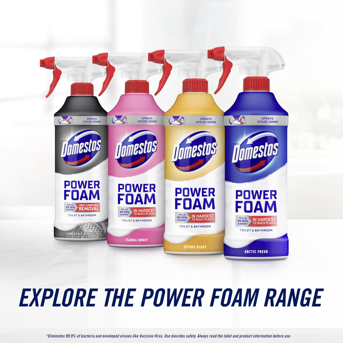 Domestos Power Foam Arctic Fresh Toilet & Bathroom Cleaner Spray sprays upside down & eliminates 99.99% of germs* for cleaning inside the toilet & around the bathroom 450 ml