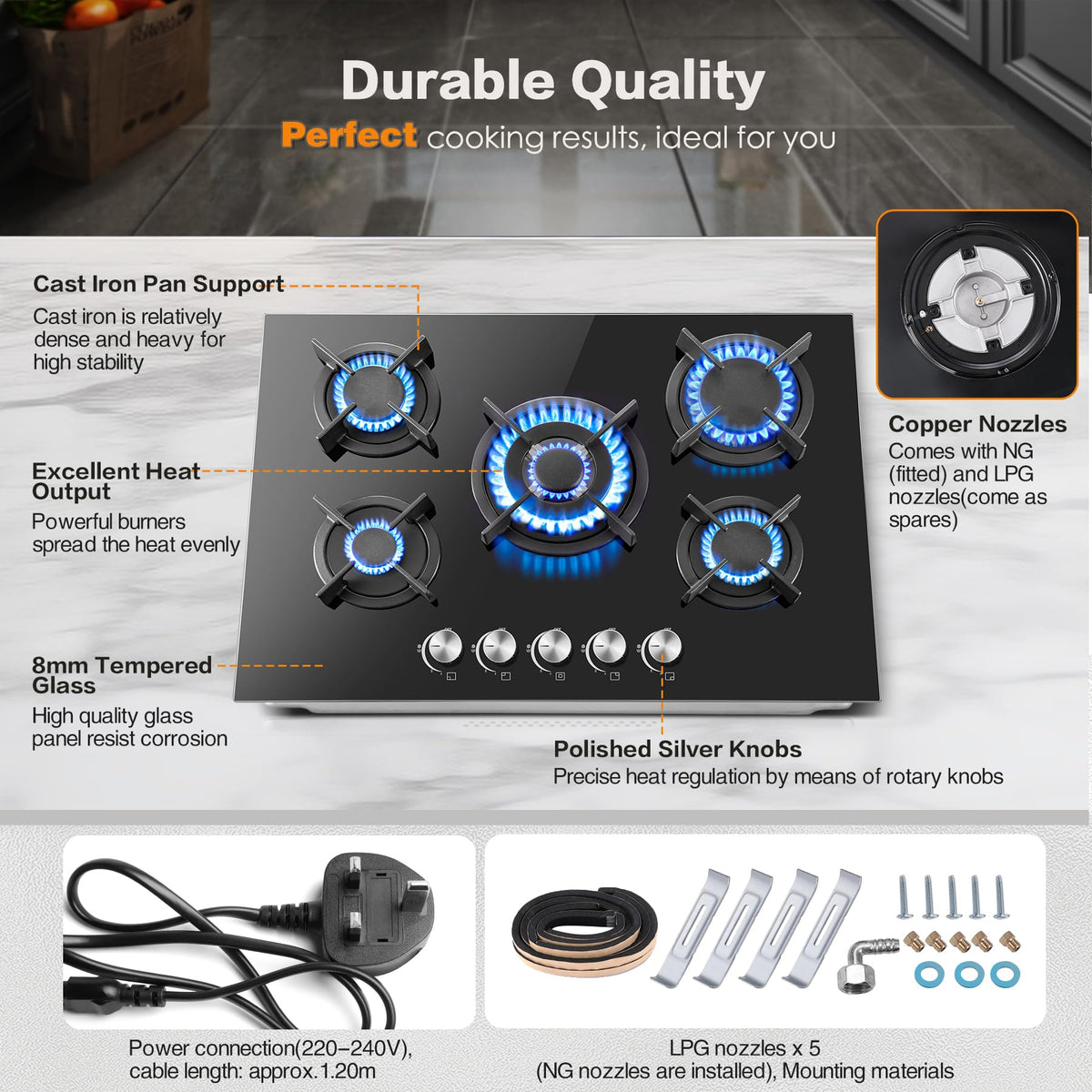SNDOAS Gas Hob 4 Burners, NG/LPG Convertible, Built-in Black Glass Gas Hob with Wok Burner, Flame Failure Protection, 8000W, YYUKGCT-B04