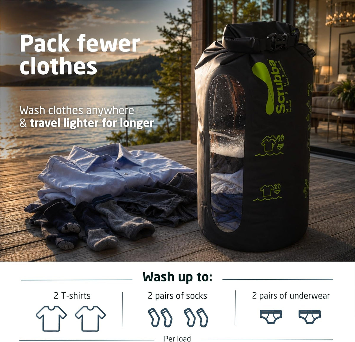 Scrubba Wash Bag - Patented Washboard-in-a-Bag™ Portable Travel Washing Machine for Camping, Backpacking, Cruises & Hotels - Pack Light, Wash Clothes Anywhere in Minutes (~140g)
