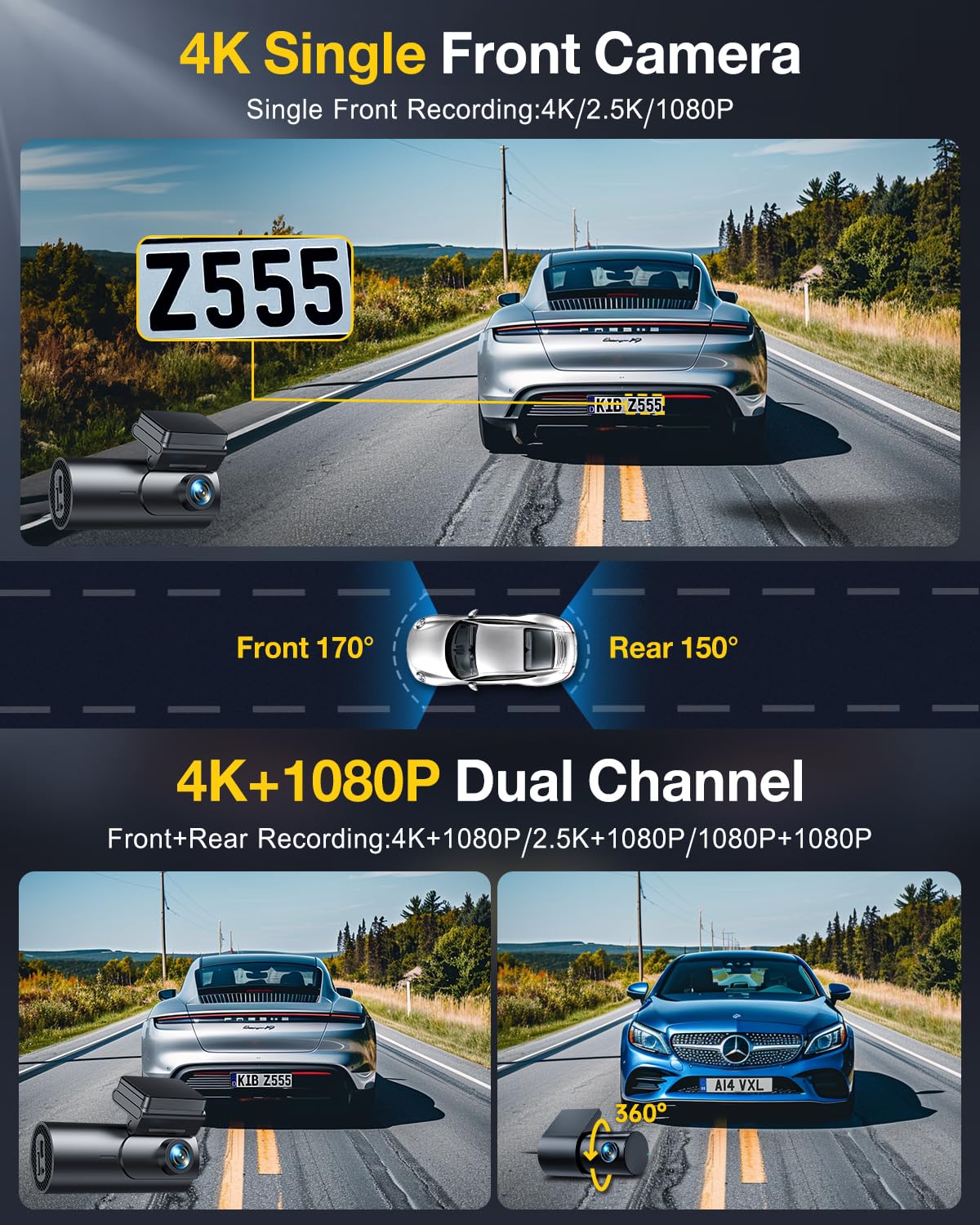 GKU 4K Dash Cam Front and Rear, 5GHz WiFi Dashcam with 64GB SD Card