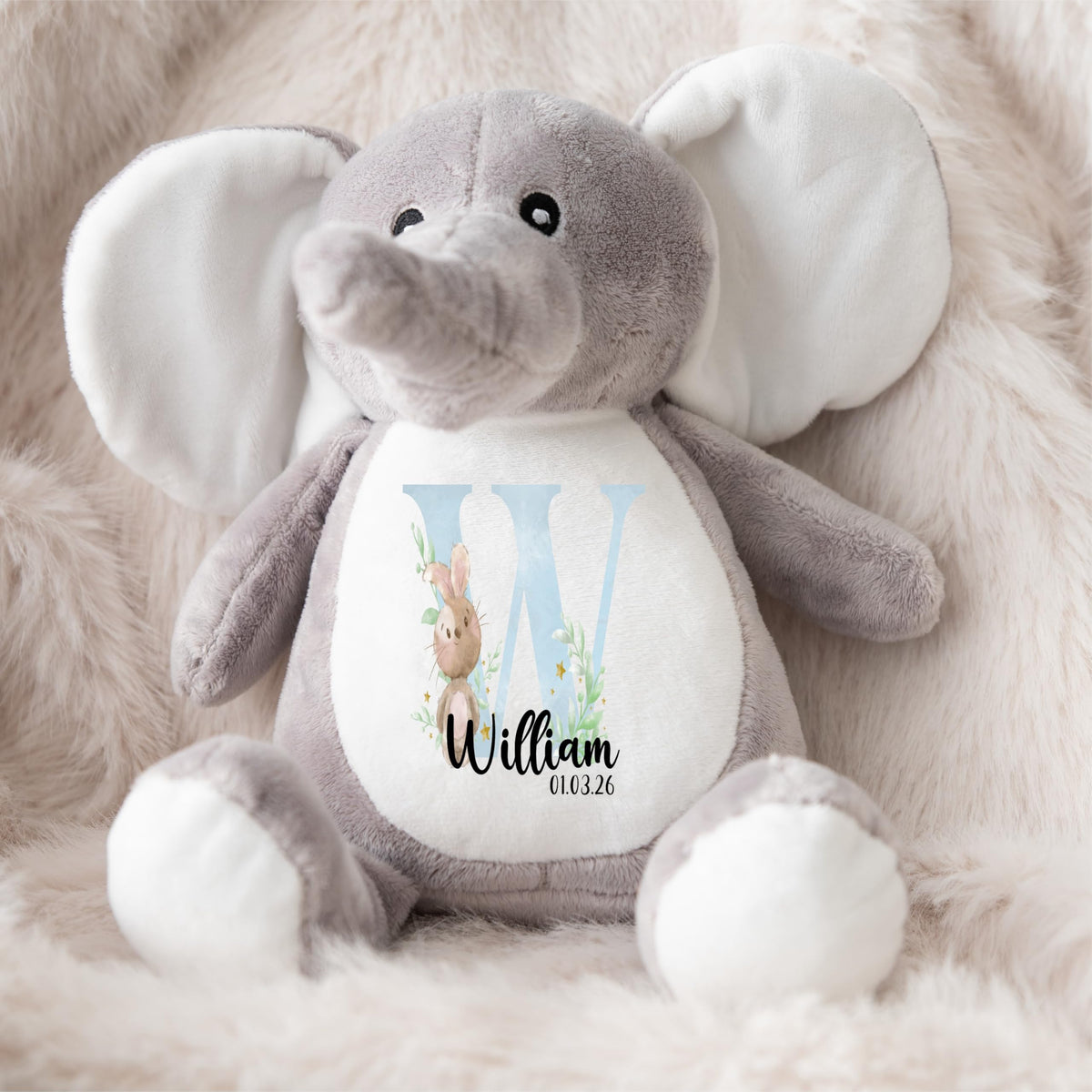Crafted Memories - Personalised Teddy | Velveteen Bunny Soft Toy | Customisable Name for Newborns | Keepsake for Boys & Girls | Baby Shower Item | Pink Initial | Grey or White, 20-23cm