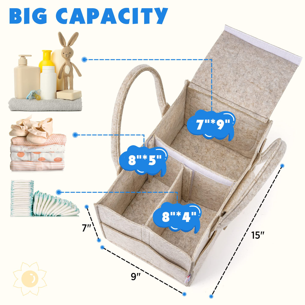 Maliton Nappy Caddy Organiser with 8 Pockets & Removable Dividers (Khaki)