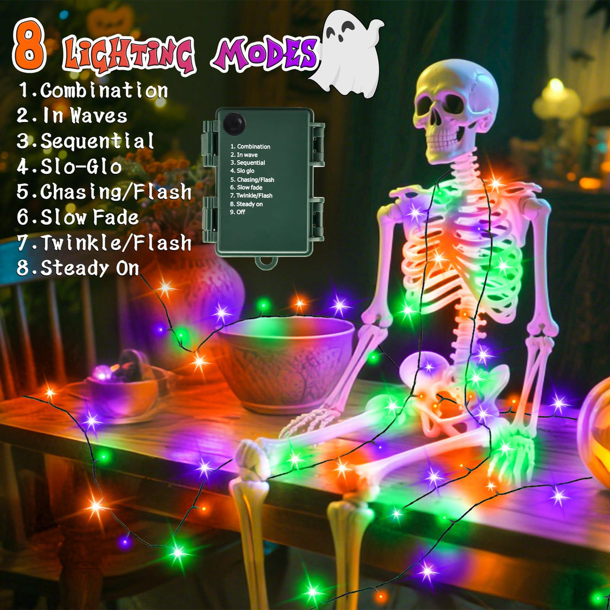 cshare Halloween Decorations Fairy Lights, 20Ft 60LED Orange-Purple USB/Battery String Lights with Timer Waterproof for Outdoor Indoor Autumn Fall Halloween Decorations-Green Wire