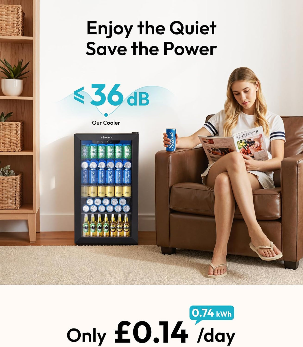 EUHOMY 93L Drinks Fridge, 126 Can Beer Fridge with Glass Door, Wine fridge with Adjustable Shelves for Soda Beer or Wine, Home/Bar/Office, Black, Steel, One-Touch Control [Energy Class F]