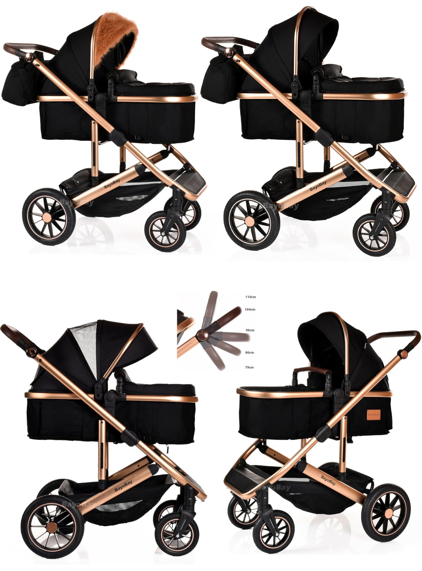 3 in 1 Baby Pram Travel System with Car Seat Lightweight Buggy Foldable Pushchair for Newborn and Toddlers up to 22kg NEW 2025 Style (Black - Gold)