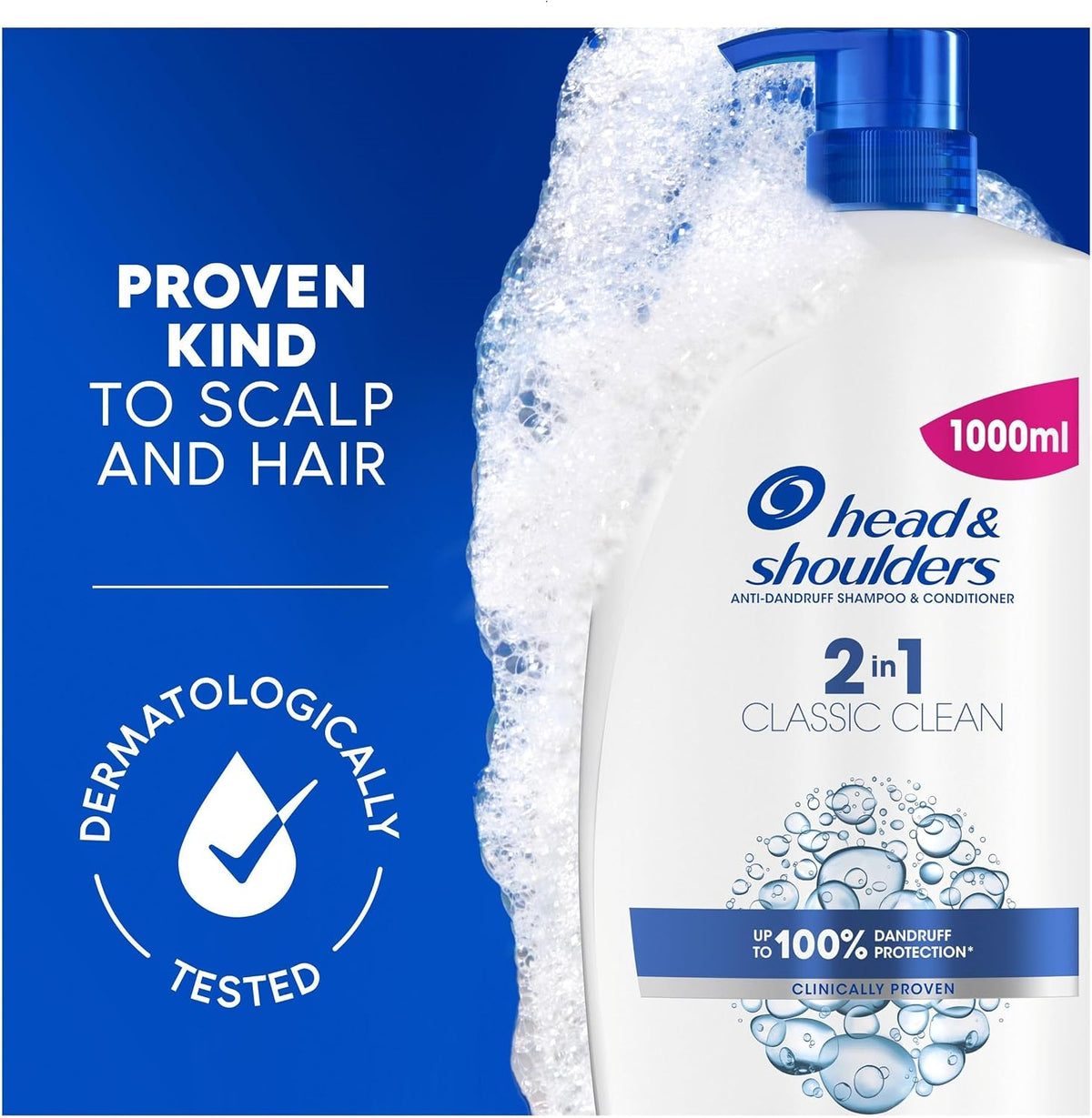 Head & Shoulders Classic Clean 2in1 Anti Dandruff Shampoo, 1000ml. Up to 100% Flake Free, Clinically Proven. For Any Hair and Scalp Type. For Daily use. Clean Feeling