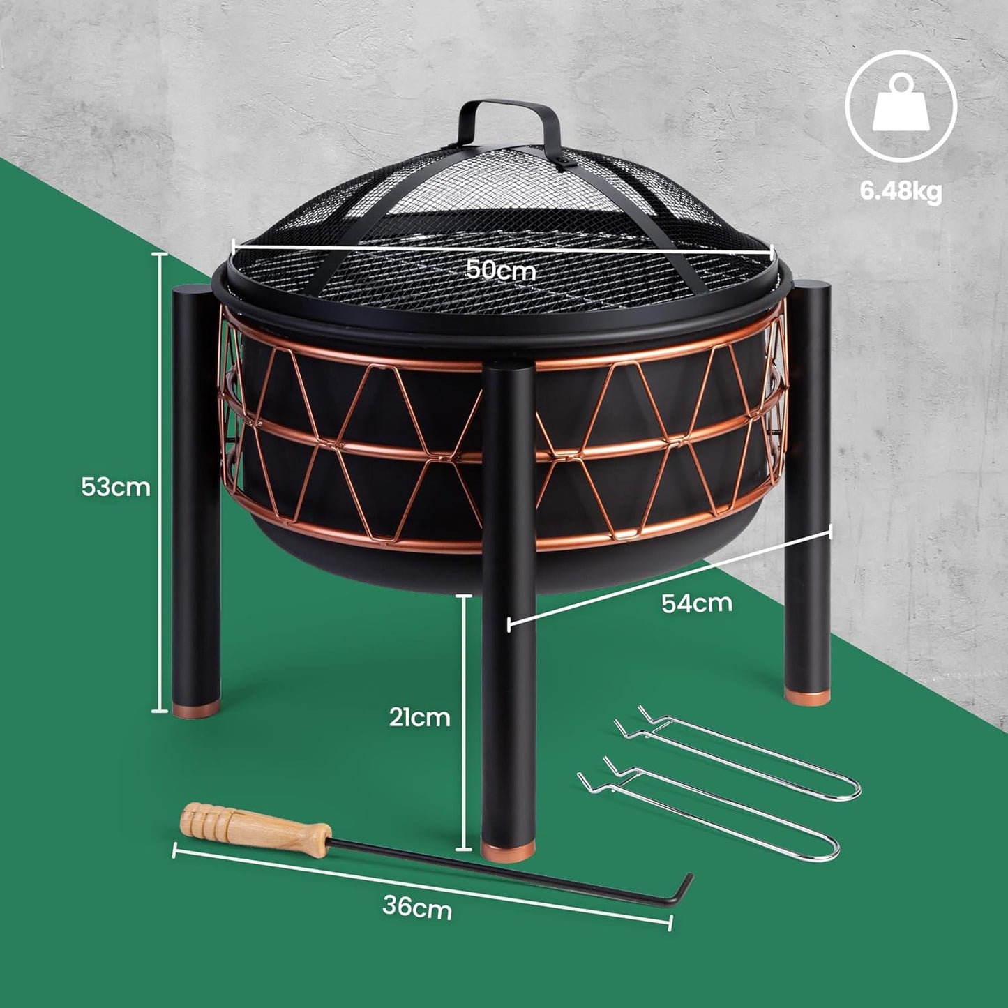 VonHaus Fire Pit – 2 in 1 Firepit with BBQ Cooking Grill for Outdoor, Garden, Patio – Black Steel with Copper Detail, Fire Poker & Mesh Cover Included – Use Wood or Charcoal to Fuel