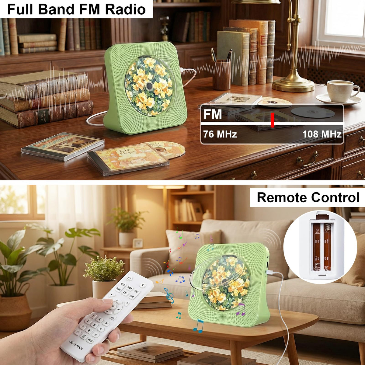 Portable CD Player with Bluetooth, Gueray Desktop CD Players for Home, Bulit-in Double HiFi Speakers, AUX&Headphone Jack, FM Radio Boombox with Remote Control, USB Port,LCD Display (Blue)