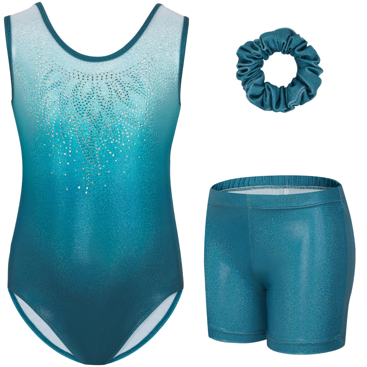 Gogokids Girls' Three-Piece Gymnastics Set, Sleeveless Leotards with Shorts and Hairband, Sparkling Ballet Dancing Unitards - Gymnastics Outfit with Gradient Color Design for 3-12 Years