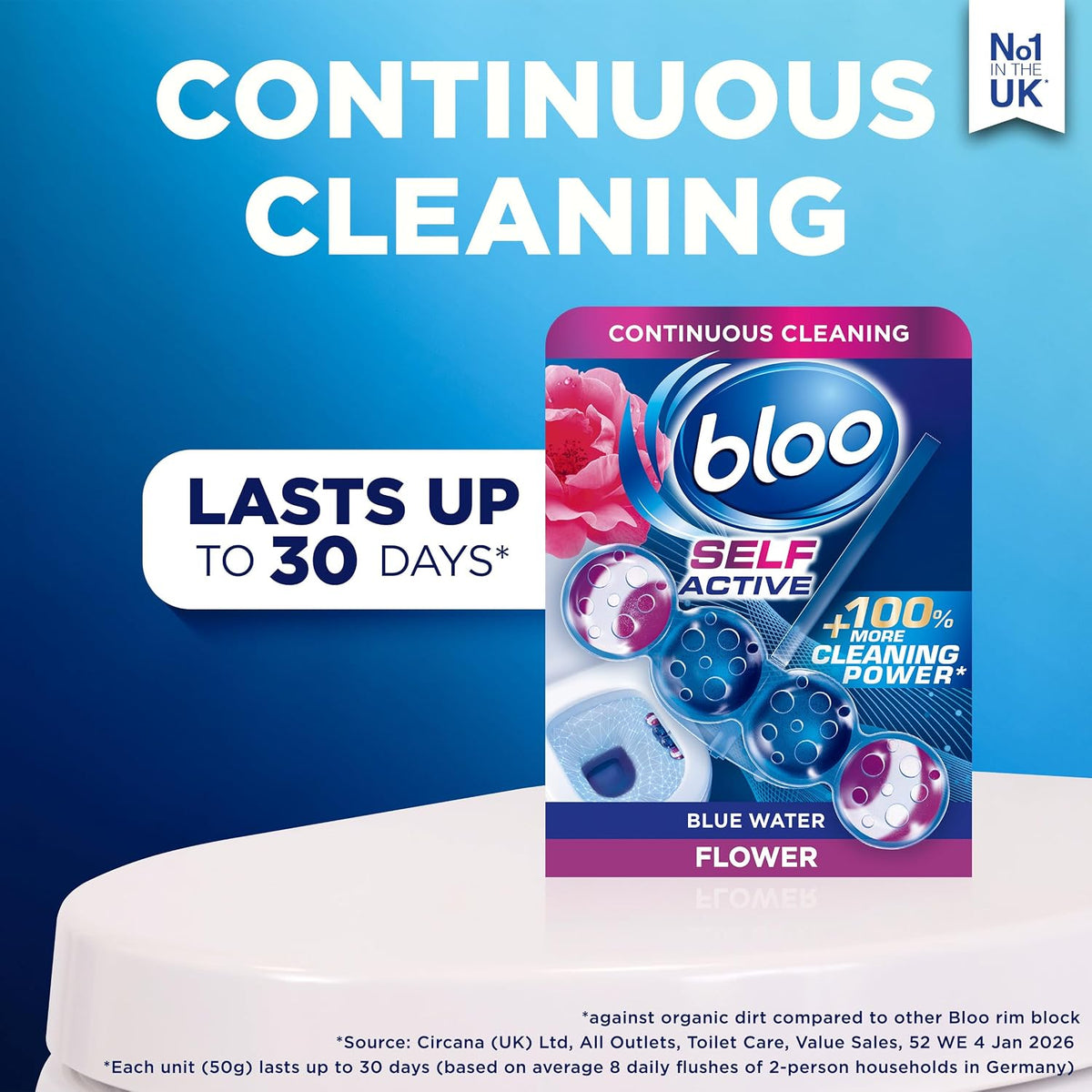 Bloo Self Active Single Toilet Rim Block and Bowl Cleaner with Flower. Hanging Toilet Bowl Cleaner Rim Block with 100% More Cleaning Power.