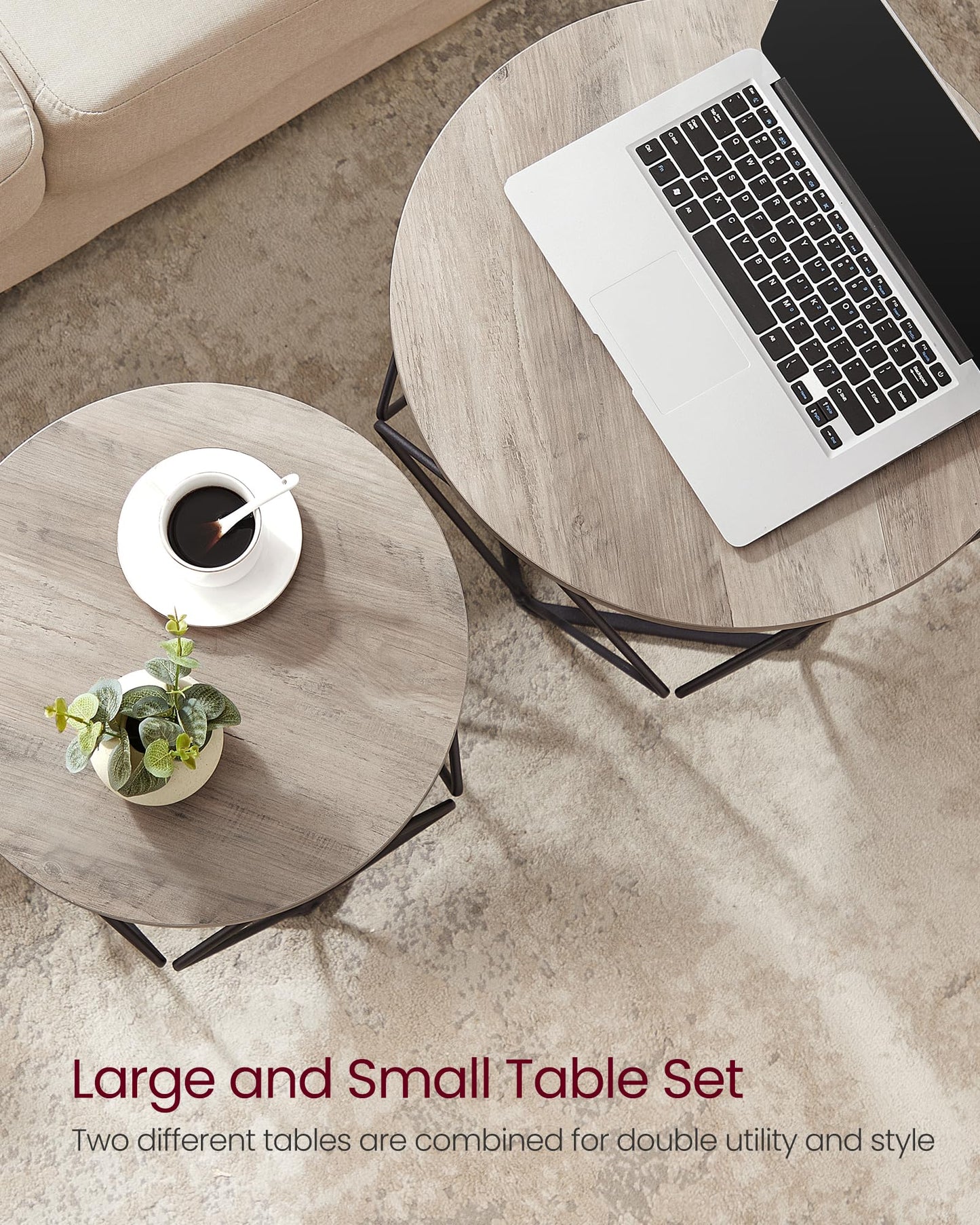 VASAGLE Coffee Tables, Set of 2 Side Tables, Robust Steel Frame, for Living Room, Bedroom, Rustic Brown and Black LET040B01