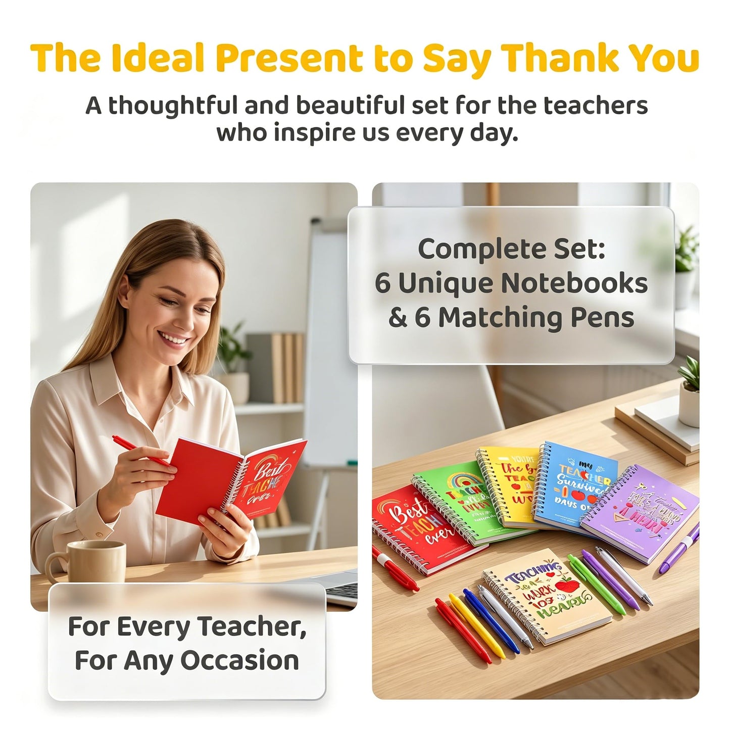 Charfia Teacher Gifts for Women Men, 6 Set Teacher Notebook Thank You Teacher Gifts for Teachers with Pen, Nursery Teacher Christmas Appreciation Gifts Presents (A)