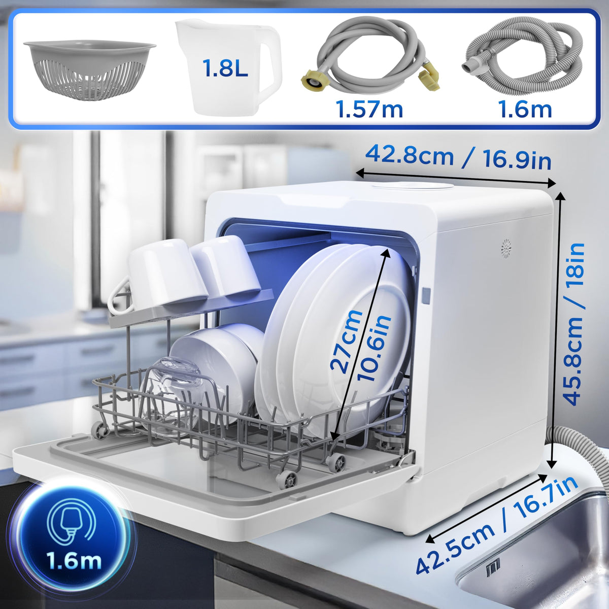 Duronic Table Top Dishwasher DW5 BK 950W Compact Tabletop Dish Washer Mini 5L Dishwashers with 8 Wash Cycles Electric Countertop Cleaner for Quick Eco Cleaning Plates Glass Cutlery Fruit (BLACK)