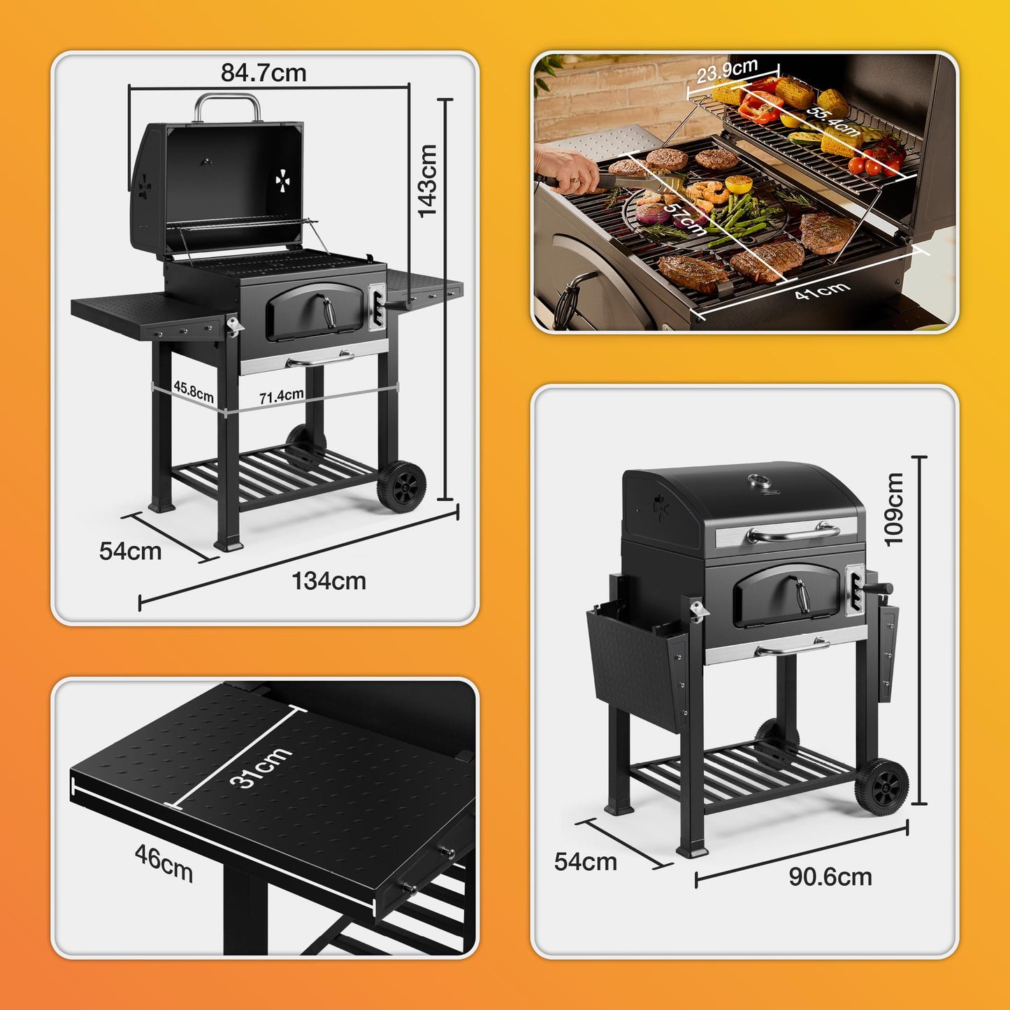 VonHaus Charcoal BBQ – XL Portable Barbecue with Warming Rack, Fold Down Shelves, Temperature Gauge, Wheels, Cooking Grill, Air Vents – 2 in 1 Barbeque and Smoker – Grill Meat, Fish & Vegetables