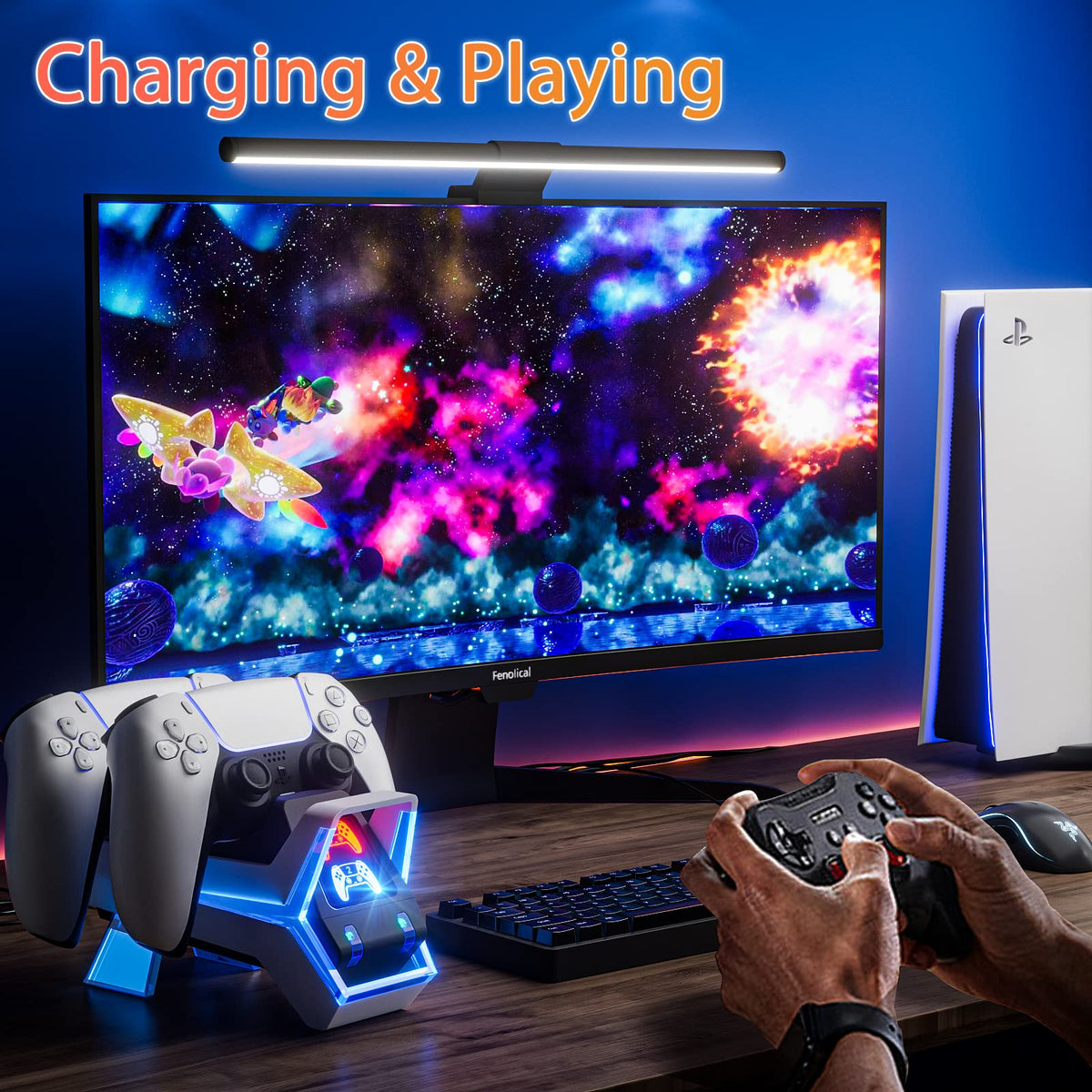 Fenolical PS5/Slim/Pro Stand with Adjustable Cooling Fan, Vertical PS5 Cooling Charger Stand for PS5/Slim/Pro, Multifunctional PS5 Slim Cooling Station with Dual Controller Chargers and RGB Light