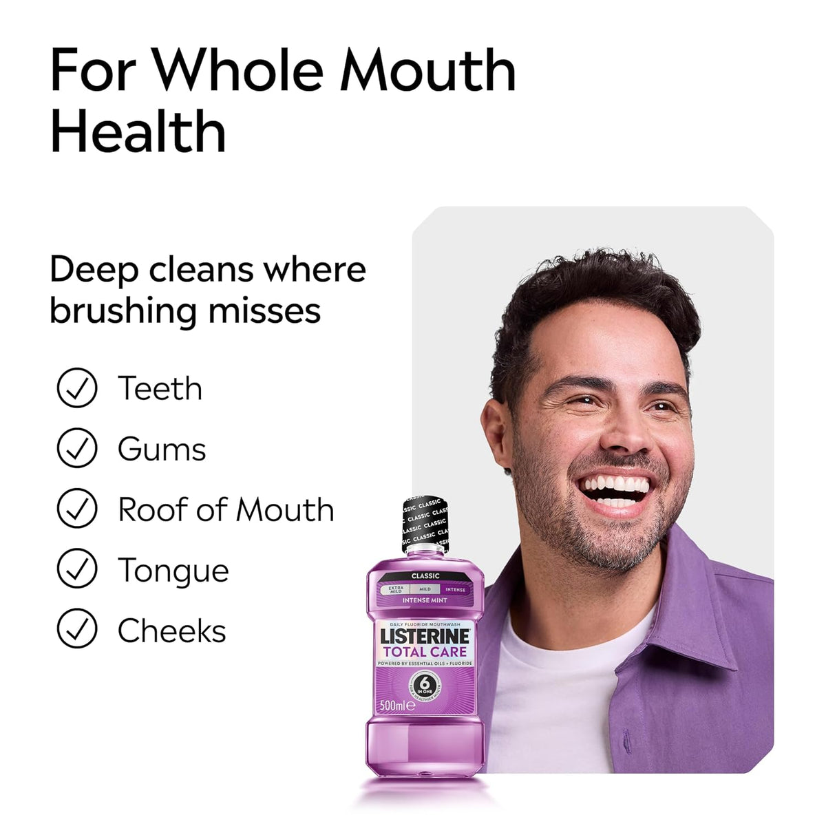 Listerine Total Care Intense Taste Classic Antibacterial Mouthwash (1000ml), Fresh Mint Blast Flavour With 6-in-1 Benefits, Helps Reduce Plaque and Freshens Breath