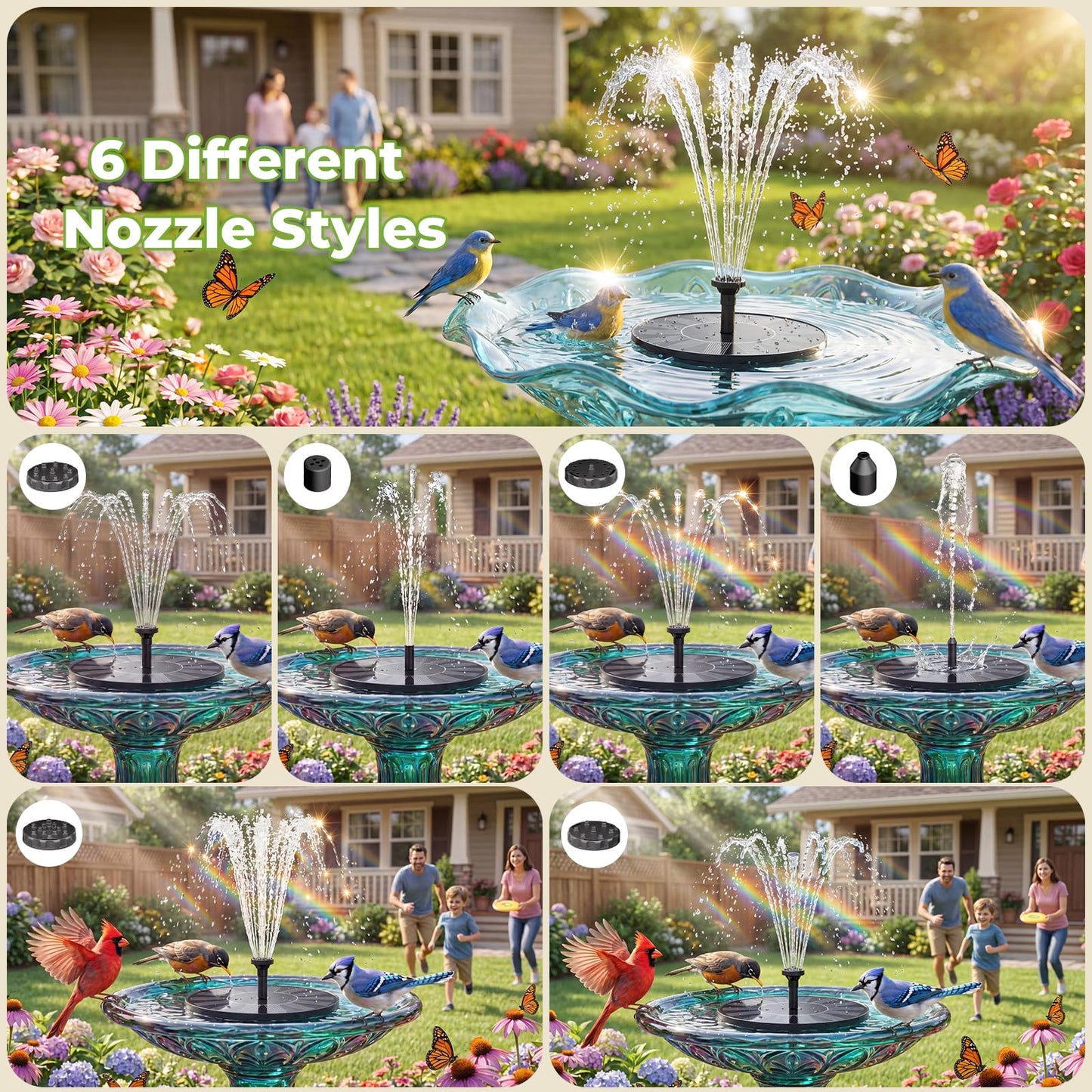 AISITIN Solar Water Fountain, Solar Powered Water Fountain with Multiple Nozzles, Floating Solar Pond Pump,Solar Water Feature for Bird Bath, Garden, Pond, Pool and Fish Tank