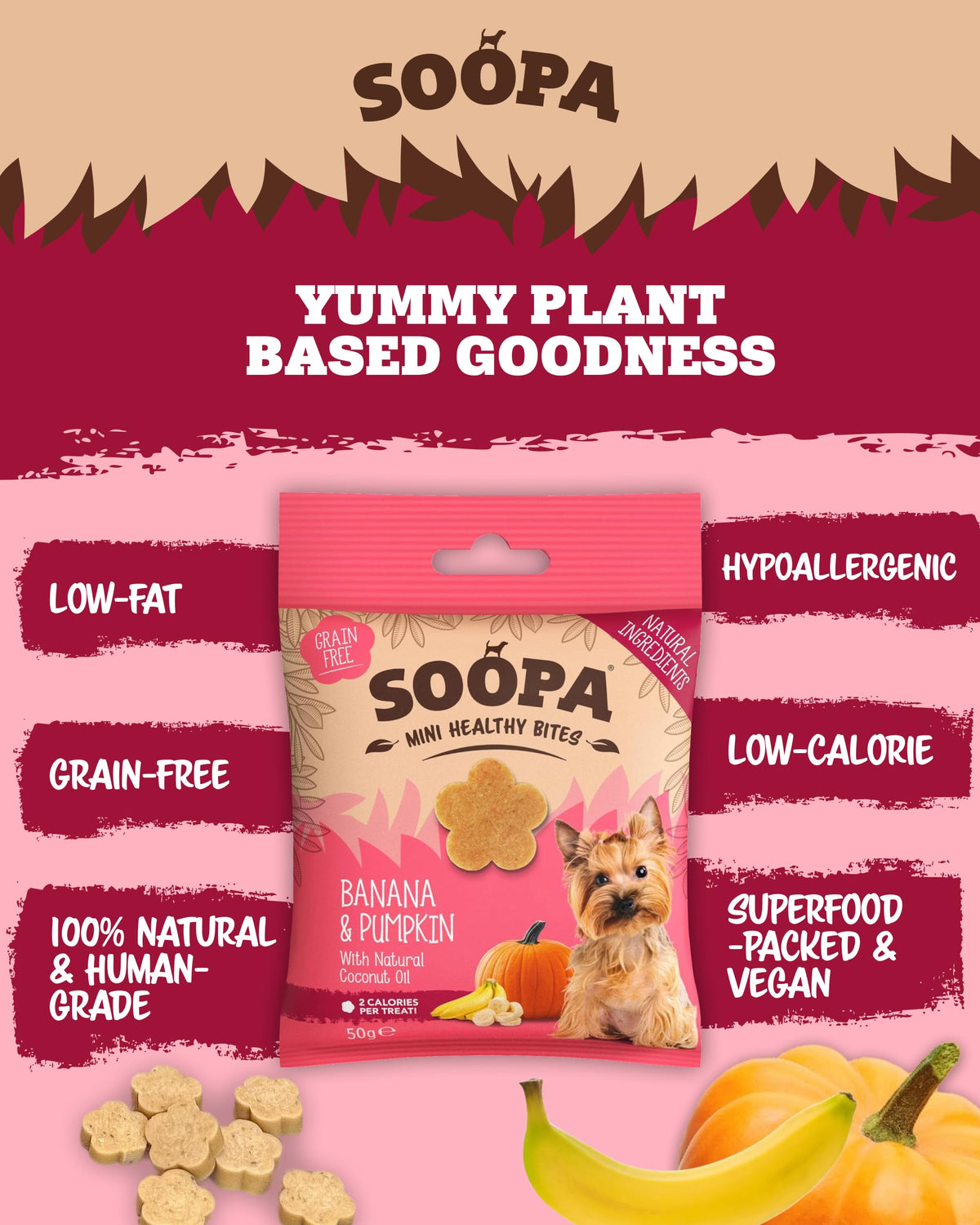 Soopa Strawberry Dog-Quiri Healthy Bites, Dog Training Treats, 50 g, 1-Pack