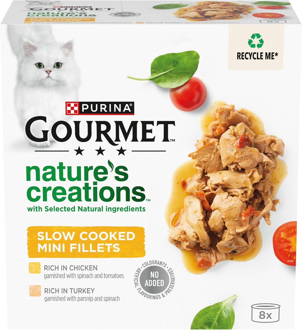GOURMET Nature's creations (Rich in Chicken, garnished with spinach & tomatoes and Rich in Turkey, garnished with spinach and parsnip) Wet Cat Food Can 8x85g