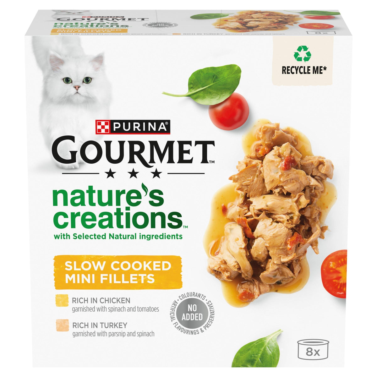 GOURMET Nature's creations (Rich in Chicken, garnished with spinach & tomatoes and Rich in Turkey, garnished with spinach and parsnip) Wet Cat Food Can 8x85g