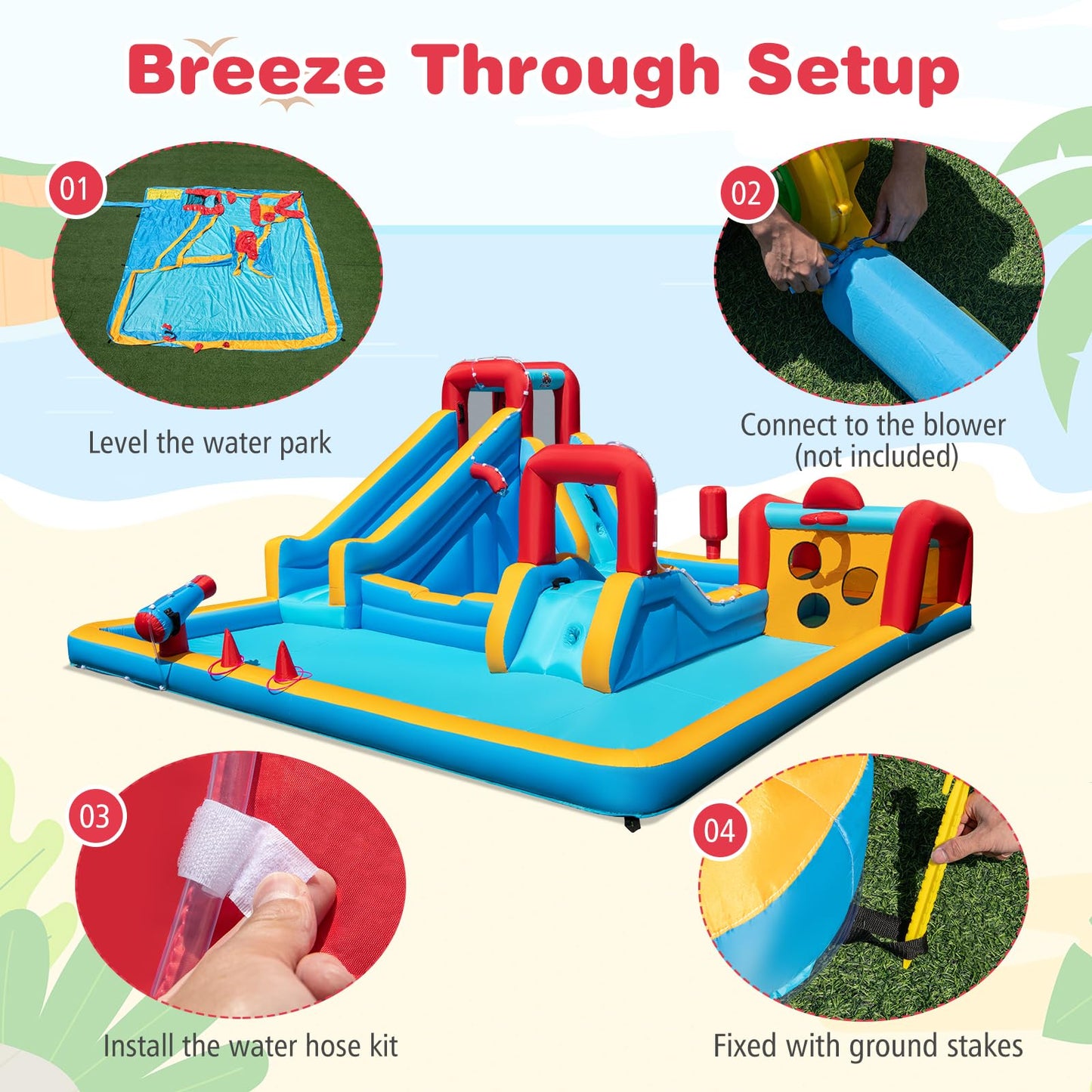 COSTWAY Inflatable Water Park, 9 in 1 Giant Kids Bouncy Castle with Double Slides, Climbing Wall, Splash Pools, Water Cannon, Outdoor Blow Up Bounce House for 3-12 Years Old (without blower)