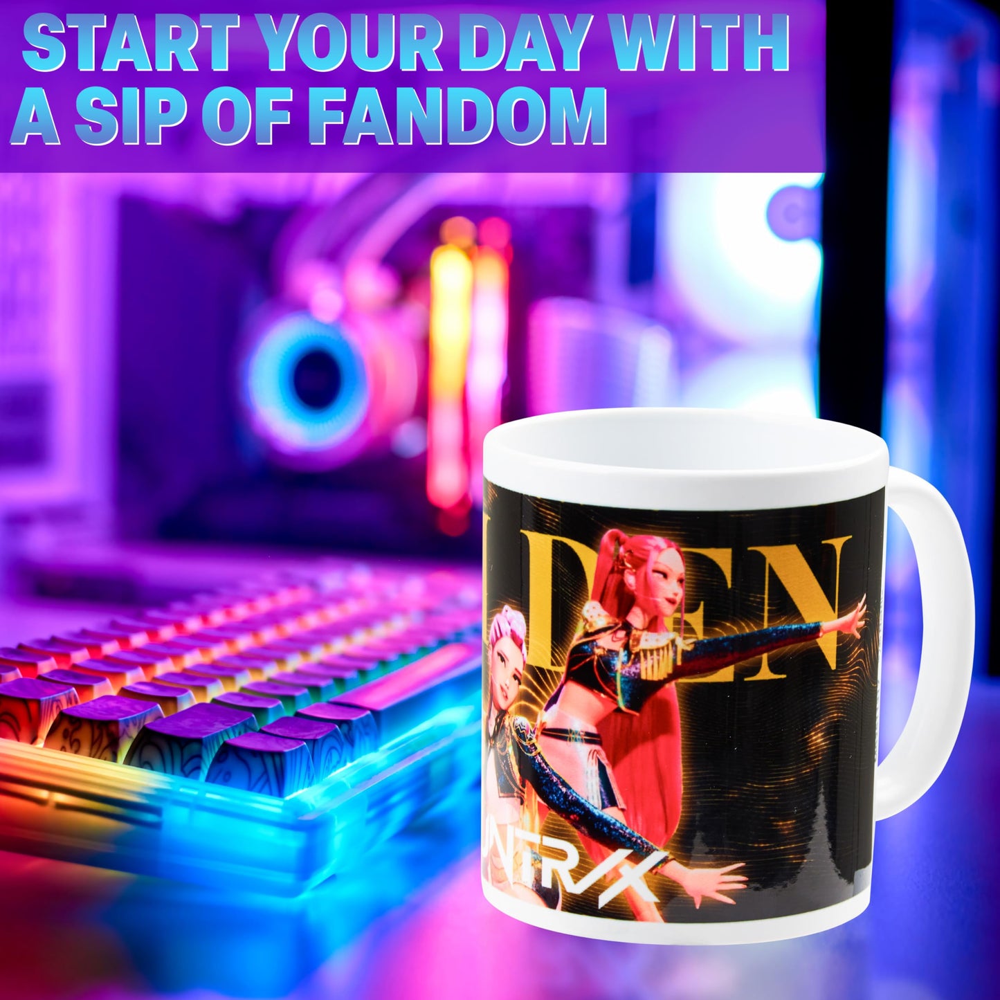 KPop Demon Hunters Official Huntrix Mug, 11oz Ceramic Cup for Girls, Teens & Adults, Rumi Mira Zoey Tea Coffee Cup, Gifts for Her (Black Huntrix)