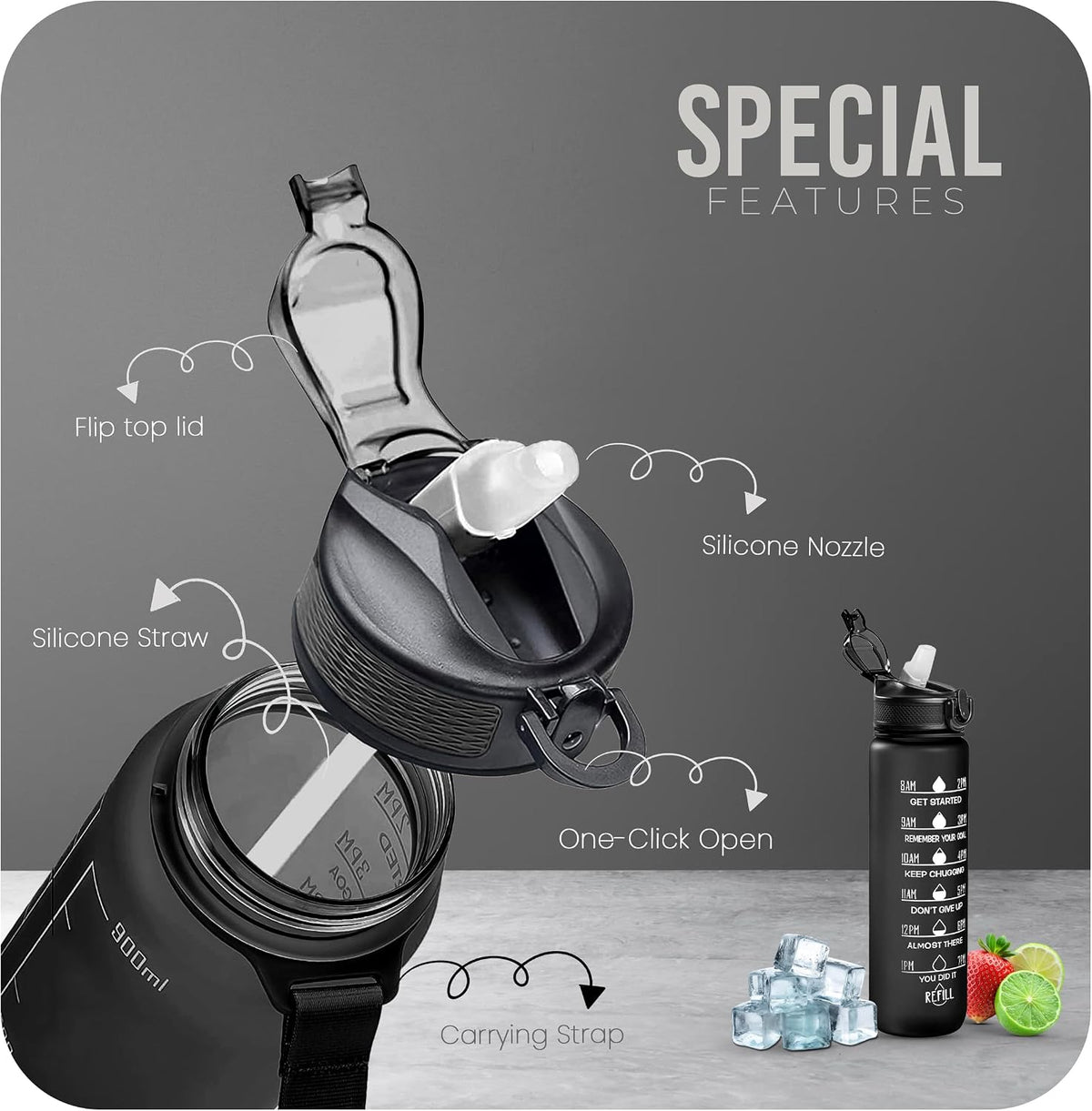 Roe Tenpo Sports Water Bottle with Straw and Time Marking, and 32OZ Capacity - Motivational and Eco-Friendly BPA-Free Bottle for Running, Gym, Yoga, Outdoors, and Camping (Style-1, Black)