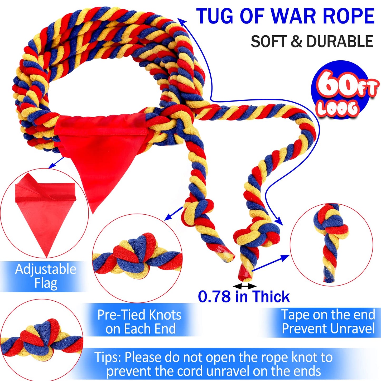 Tug of War Rope 20FT for Kids and Adults, Outdoor Field Day Lawn Yard Family Reunion Birthday Party Games, Outside Backyard Camping Picnic Game,Carnival Games Fun for Team Building Activities