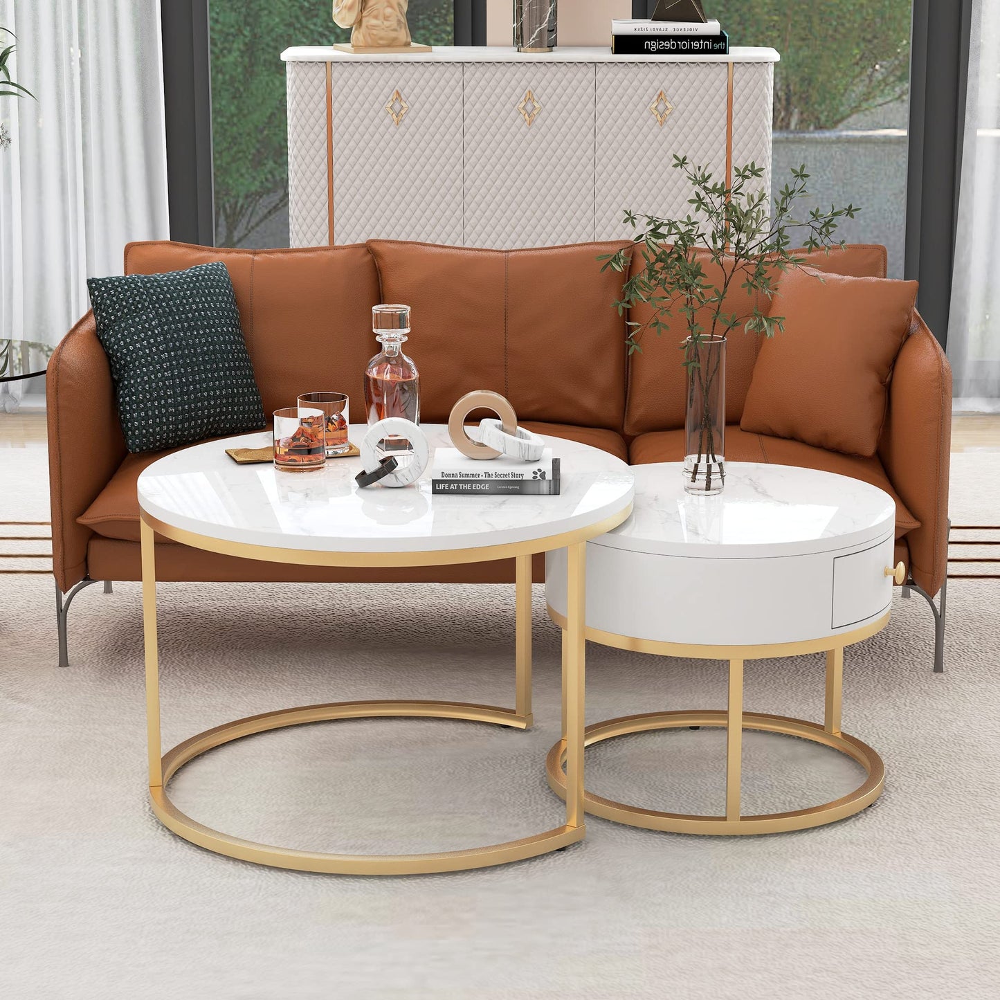 ModernLuxe 2-in-1 Coffee Table, Multi-functional Side Table with Marble Grain Veneer Top, Rattan Drawers, Solid Wood Handles, Gold Coloured Iron Legs, Round Nest of Tables for Living Room, Black