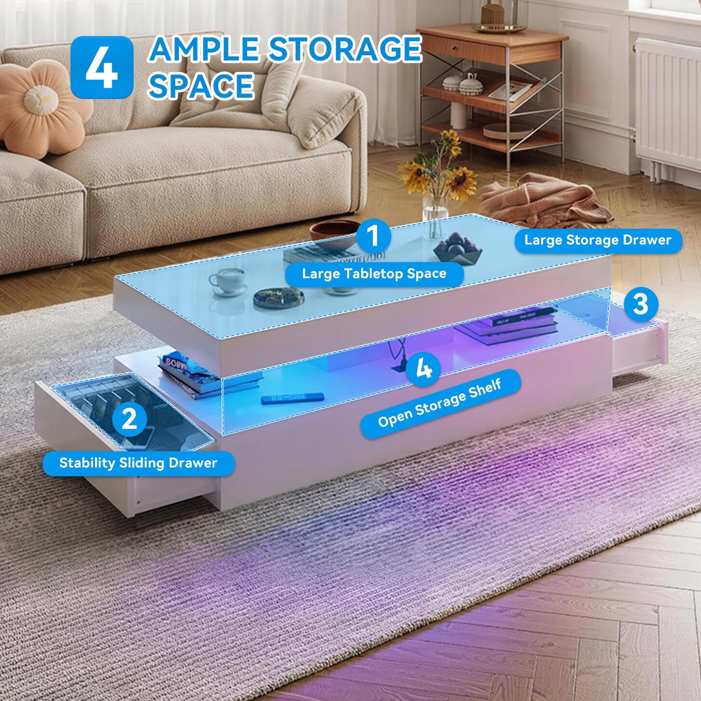Modern Coffee Table with LED Lights, 2 Drawer Storage, Wooden Coffee Table with Charging Station, USB Ports & Power Outlet, Rectangle Coffee End Table for Home, Office & Living Room - Black