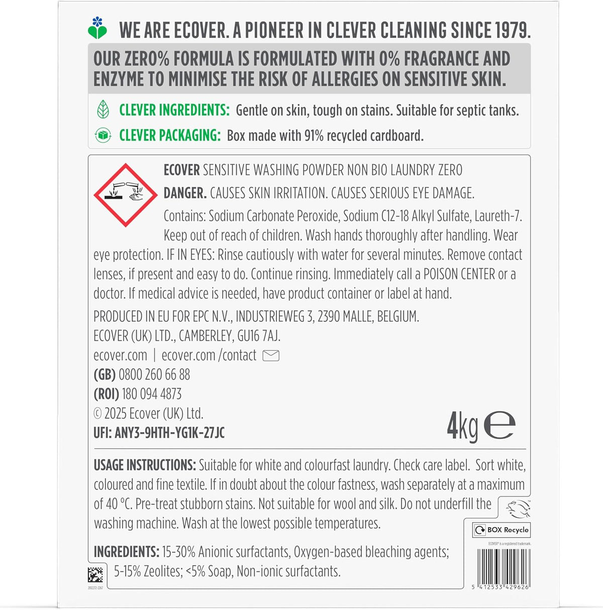 Ecover Zero Non-Bio Laundry Powder, Sensitive Skin, 80 Washes, 4kg